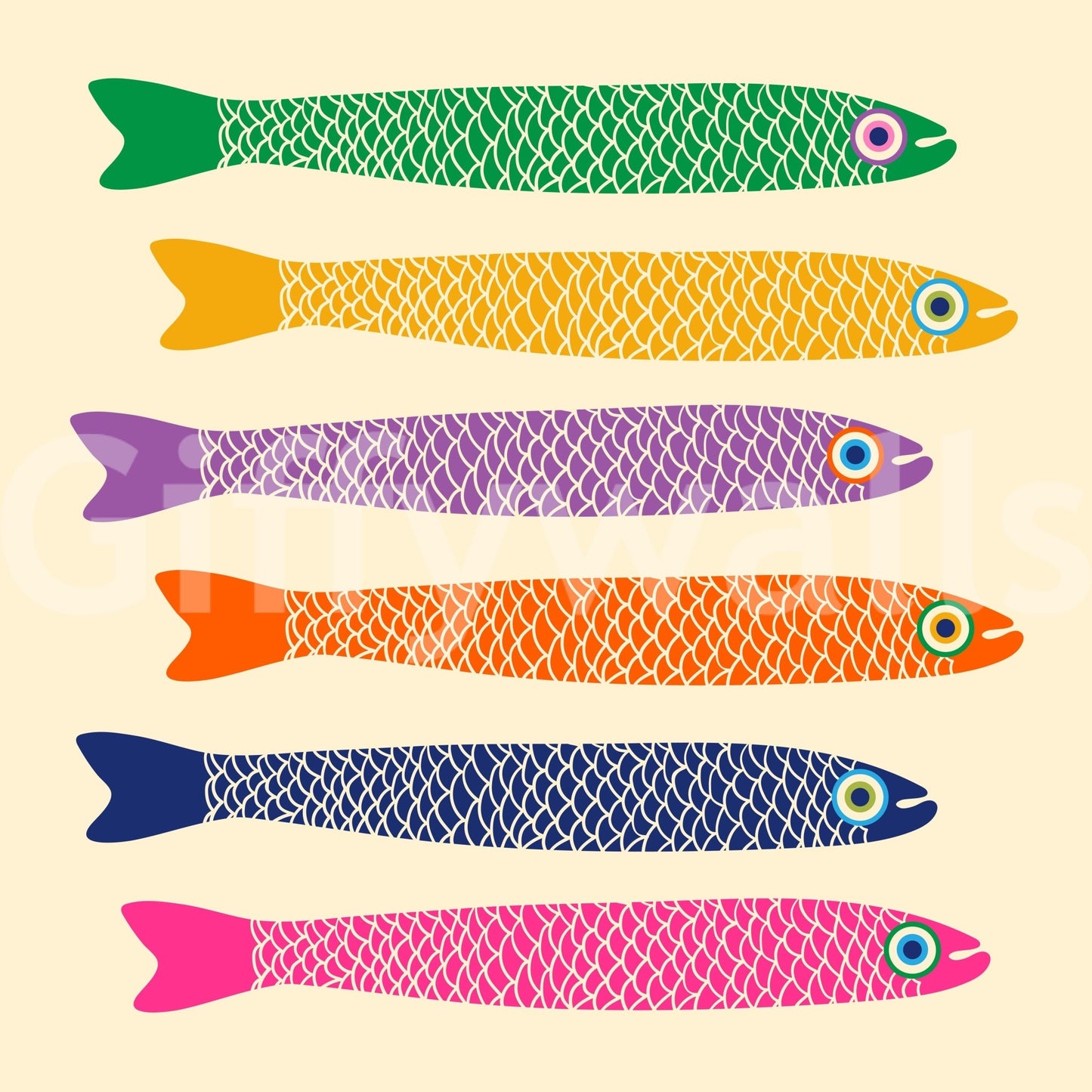 Colorful anchovies swimming in a bright mural