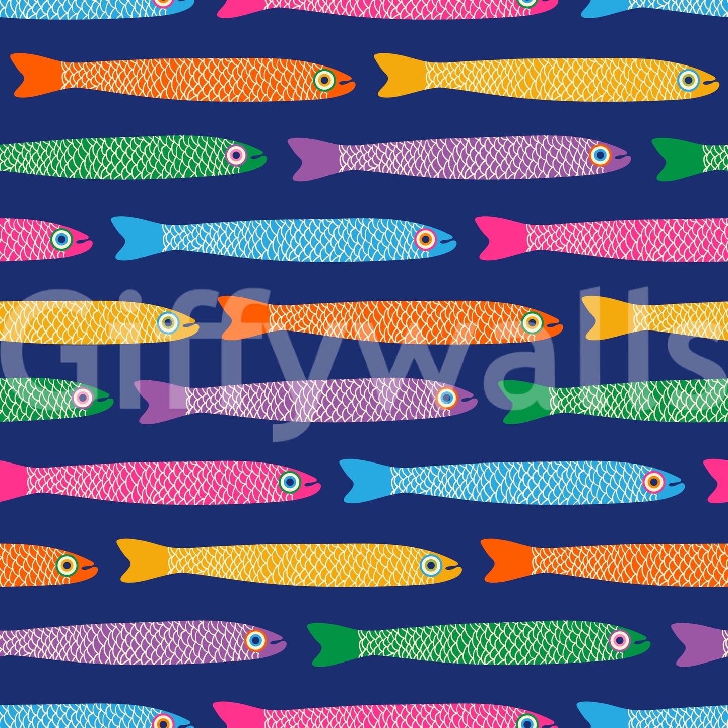 Colorful fish swimming on deep blue royal wallpaper design