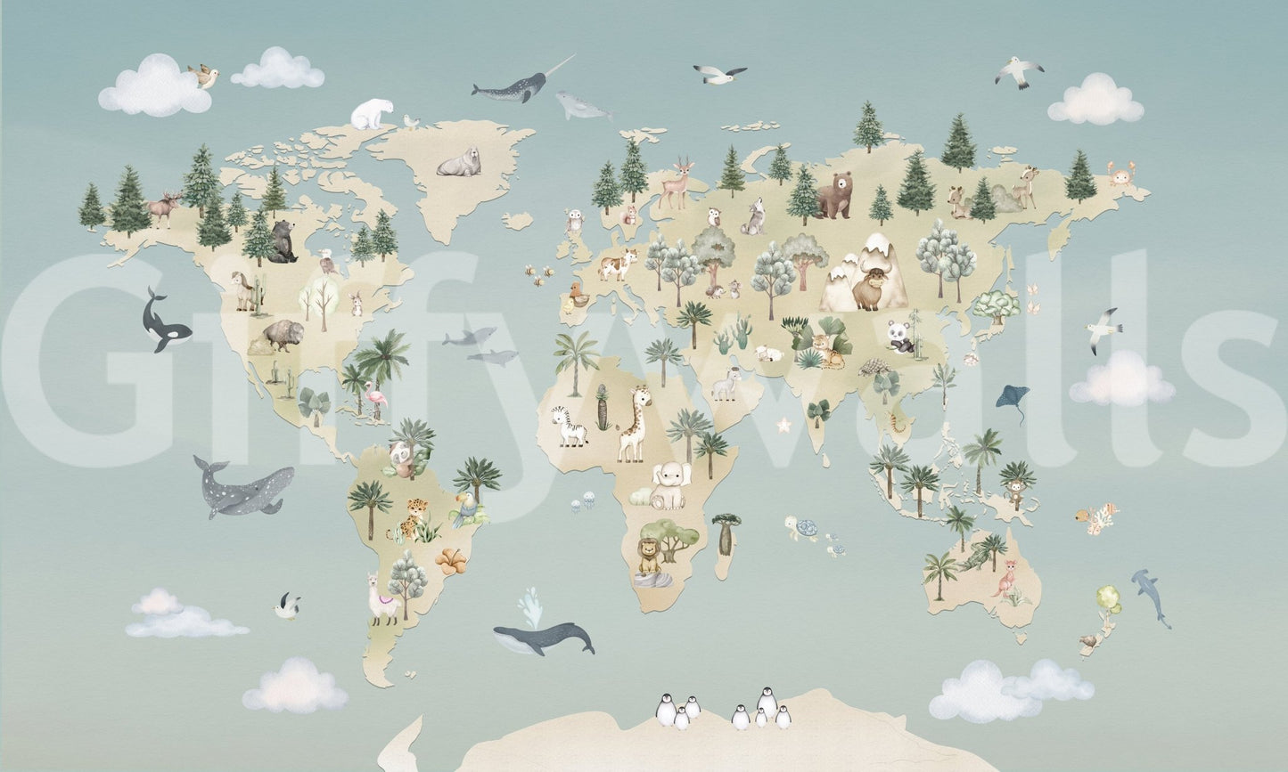 Animal Atlas Blue Wall Mural showing animals by region