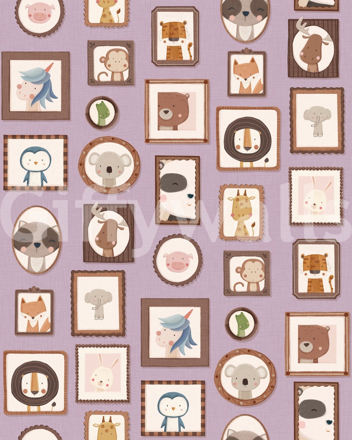 Playful animal frames across Animal Portraits Gallery Wallpaper on soft pastel base