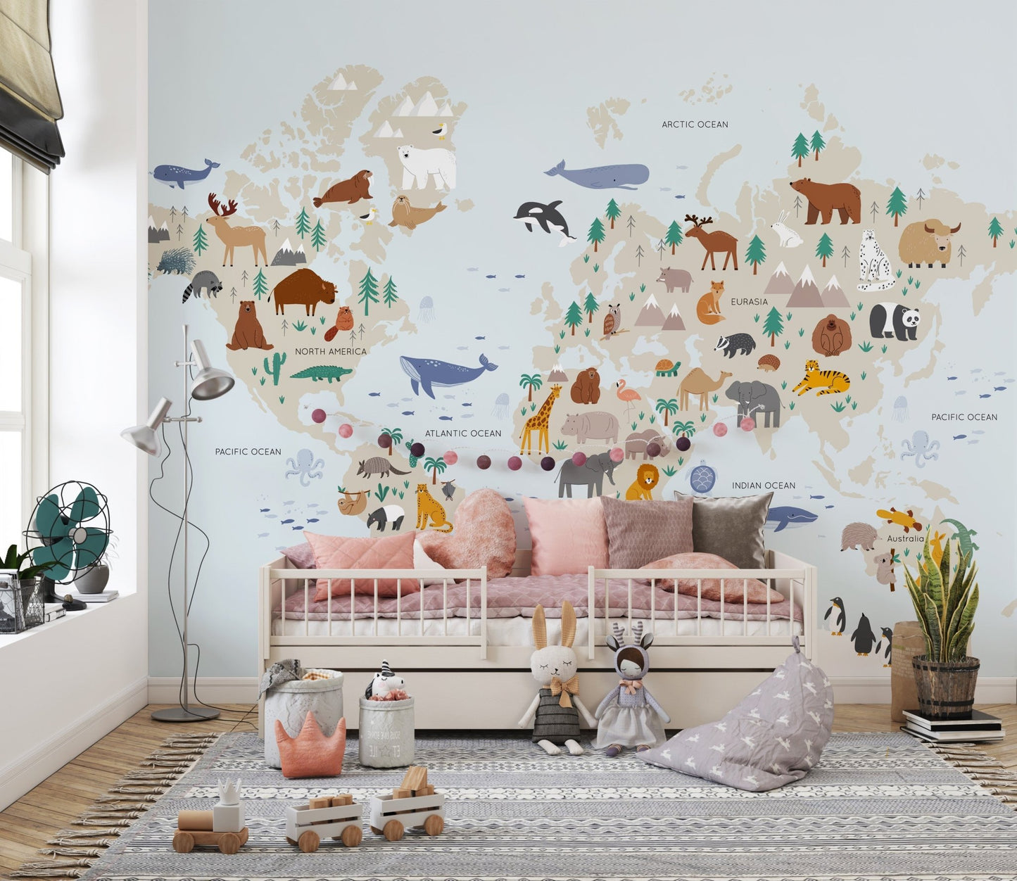 Animal safari kids map wallpaper with wildlife themes A745
