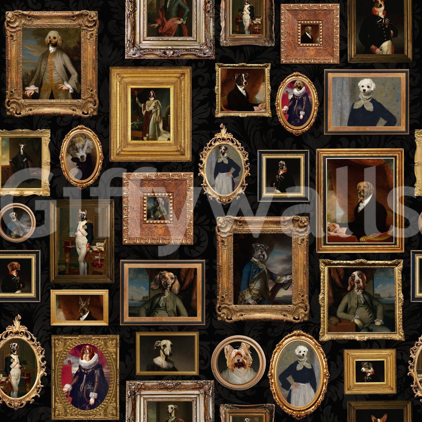 Wall decor blending classic art with canine charm.