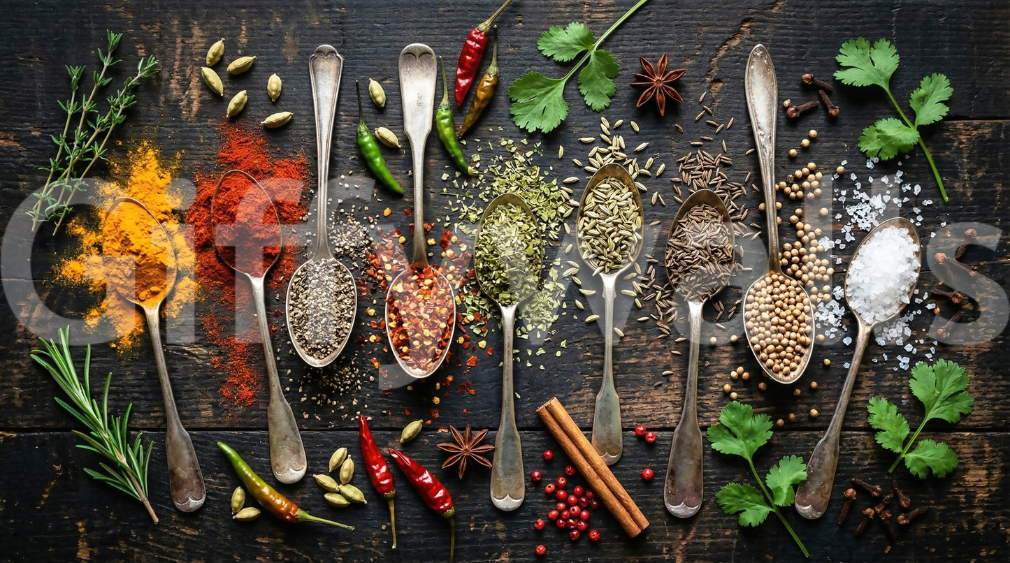 Aromatic Array wall mural with seasoning elements and wooden surface