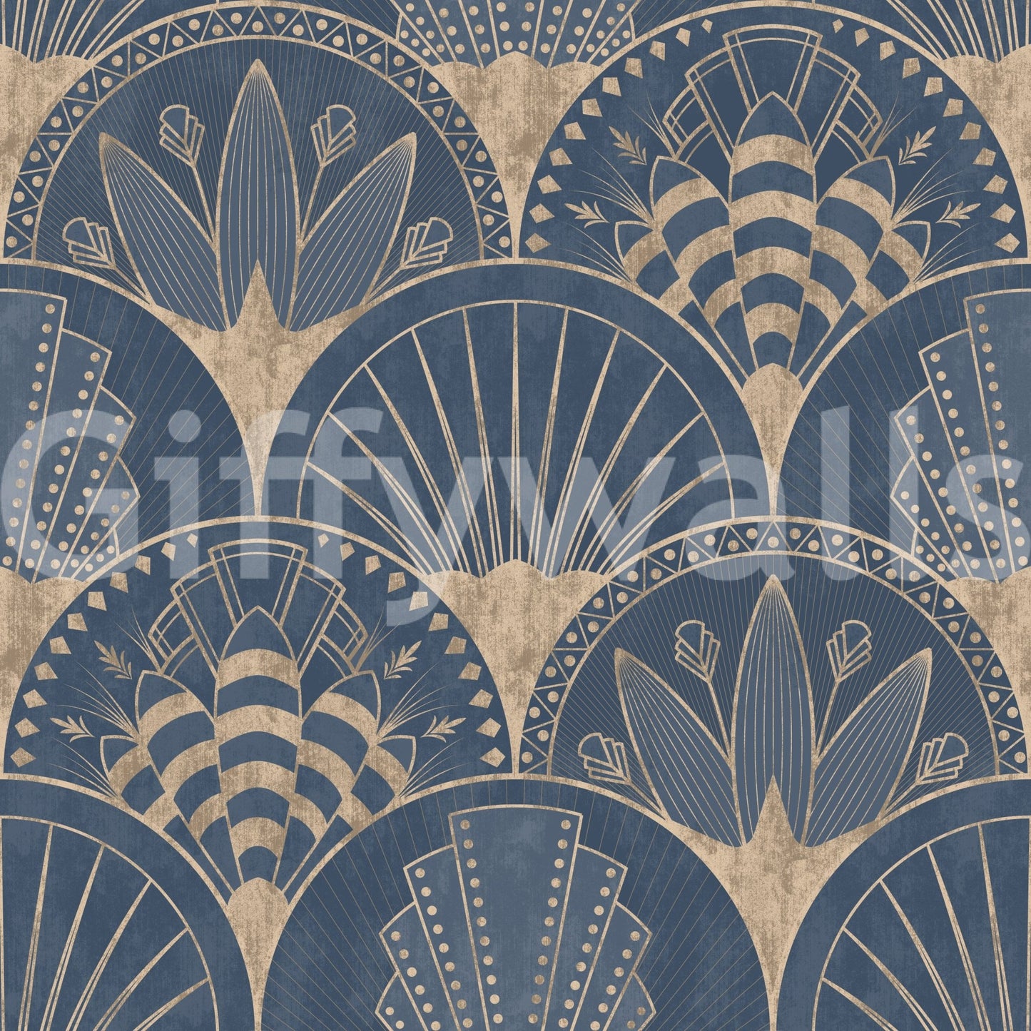 Art Deco Golden fans on blue Wallpaper