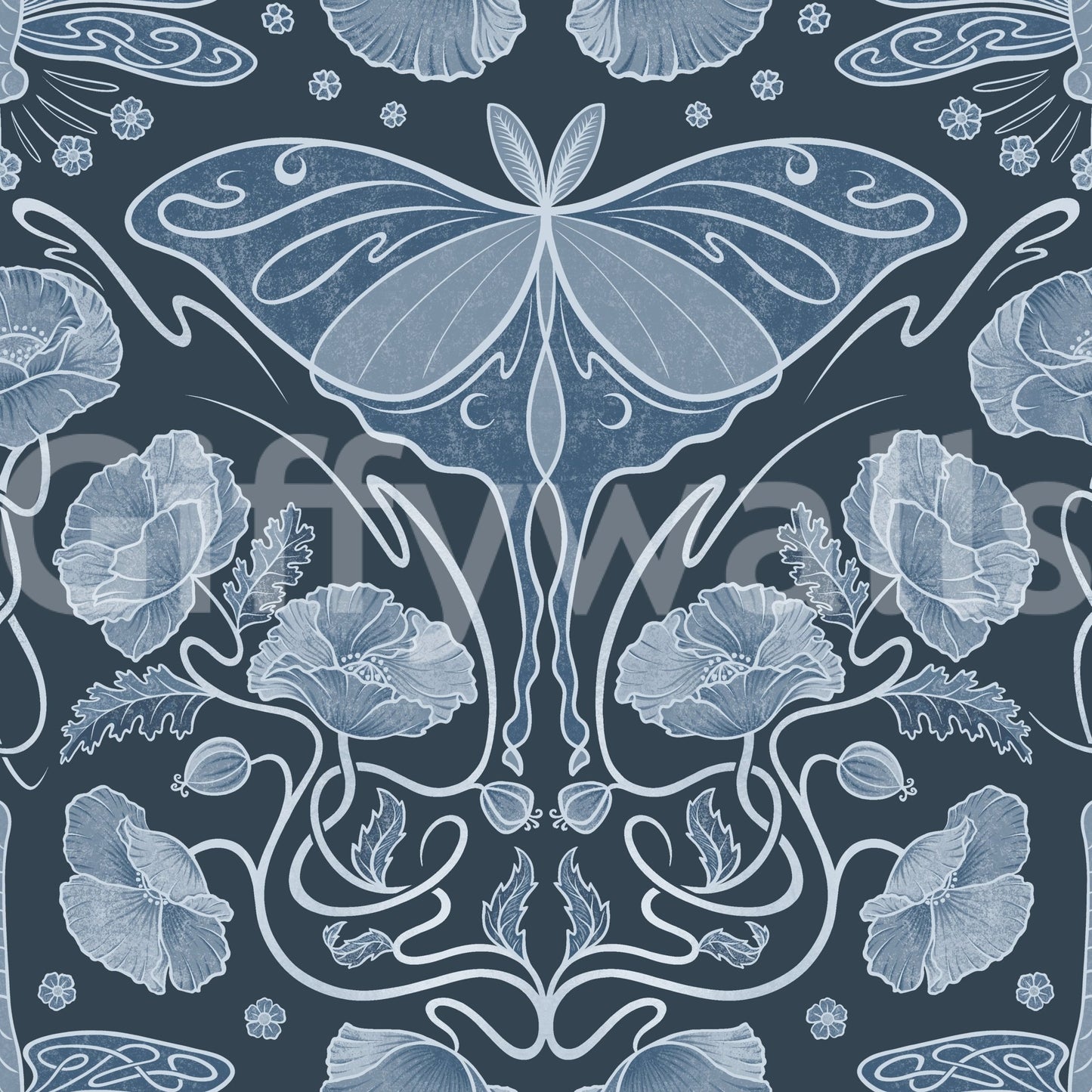 Art Nouveau Poppies & Luna Moth Blue Wallpaper