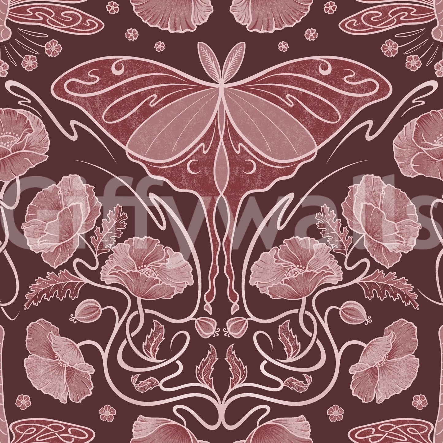 Art Nouveau Poppies & Luna Moth Crimson Wallpaper Wallpaper