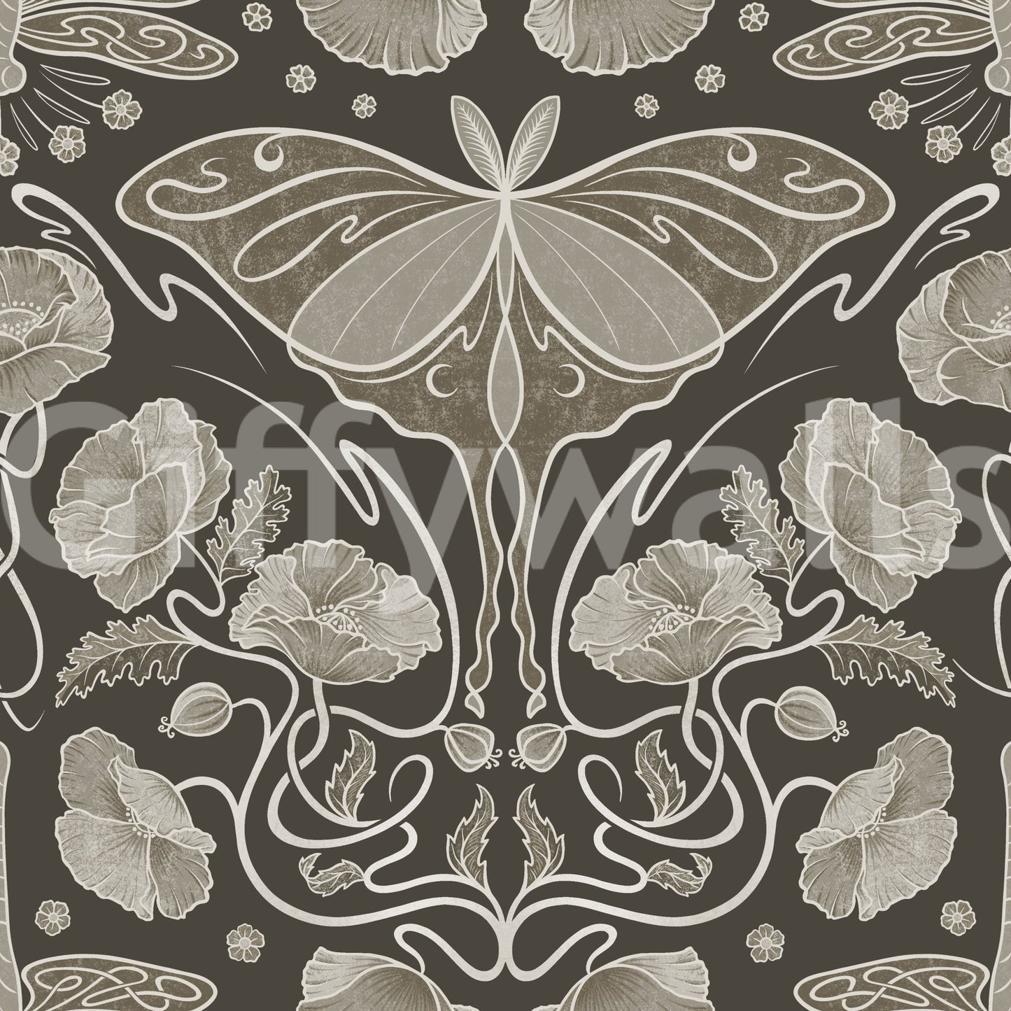 Art Nouveau Poppies & Luna Moth Sepia Wallpaper Wallpaper