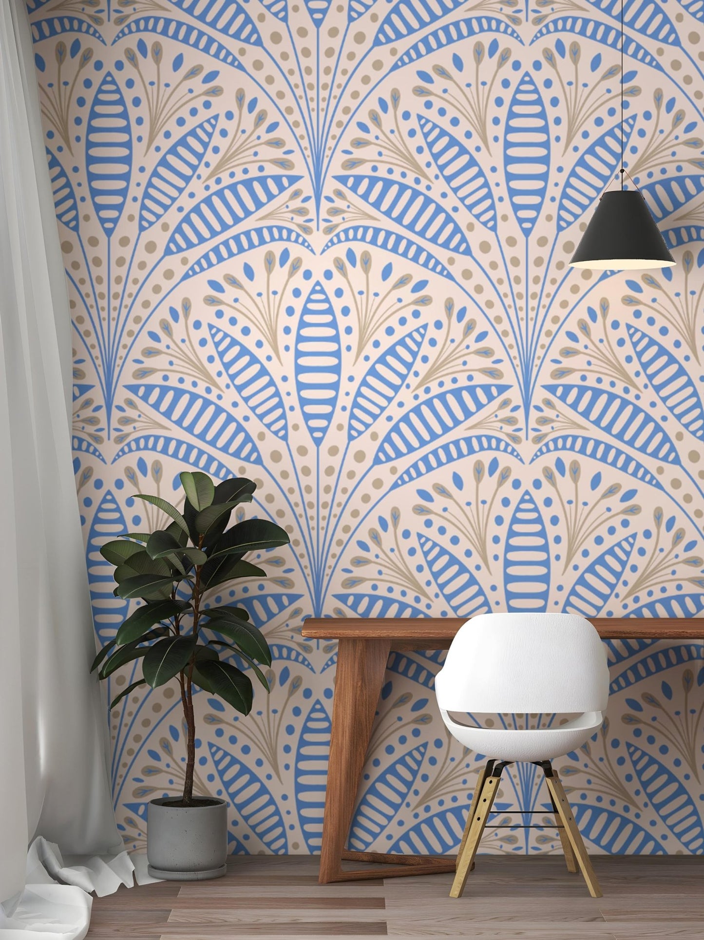 Artistic Art Deco wallpaper featuring vibrant blue palm motifs.