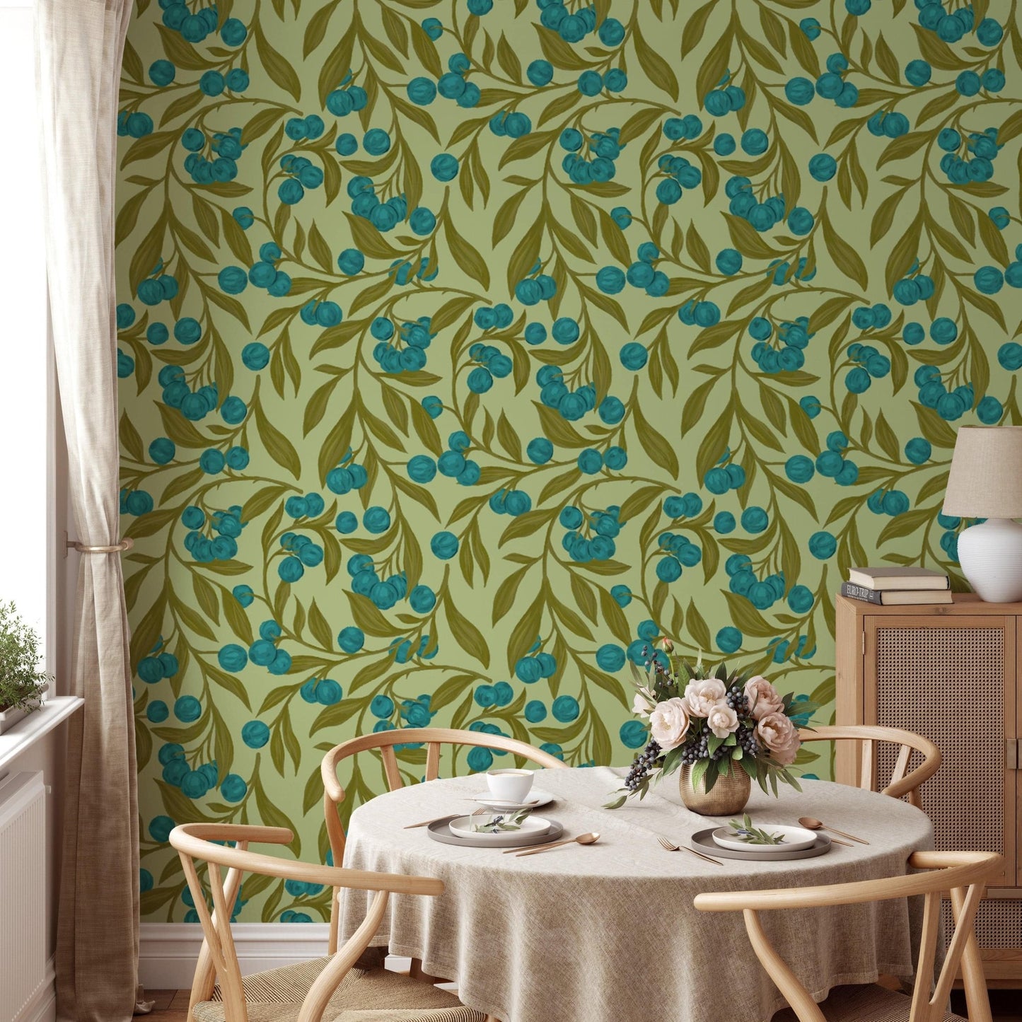 Autumn berries blue wallpaper mural for a vibrant accent wall. RNM07