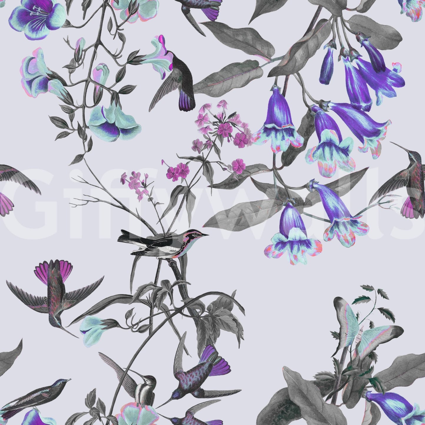 Soft botanical wallpaper with Twilight Bloom and Aviary birds, GD9339