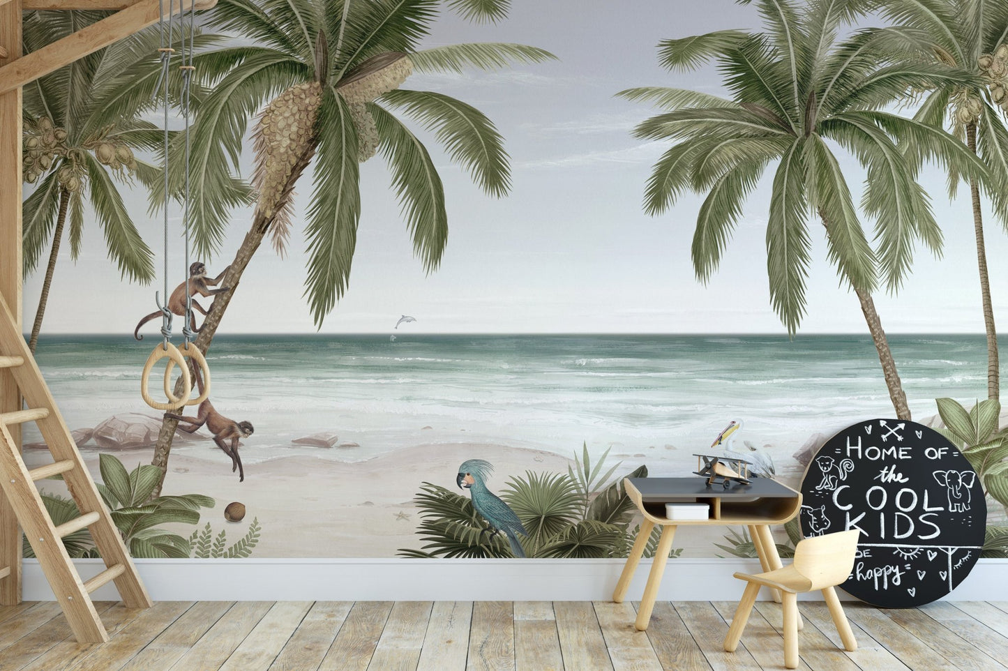Wallpaper mural featuring beach, tropical trees, and ocean waves KB12