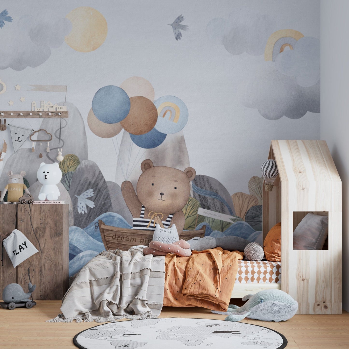 Bear and bunny playful wall mural