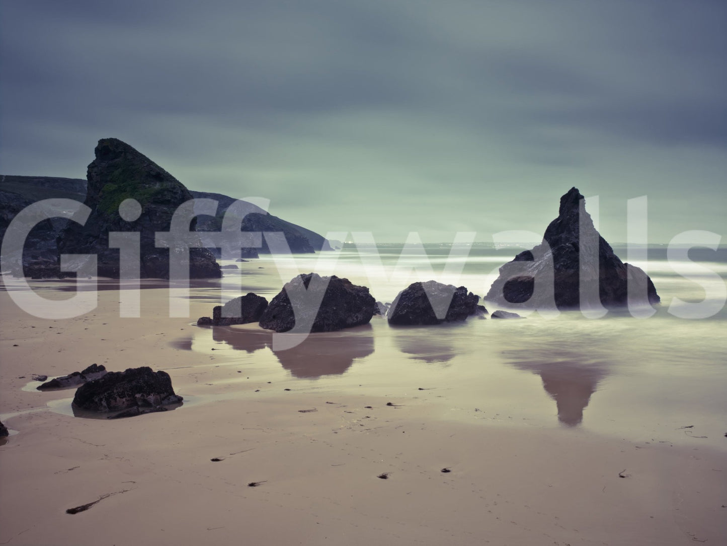Bedruthan Steps Beach atmospheric ocean vista wall art piece.