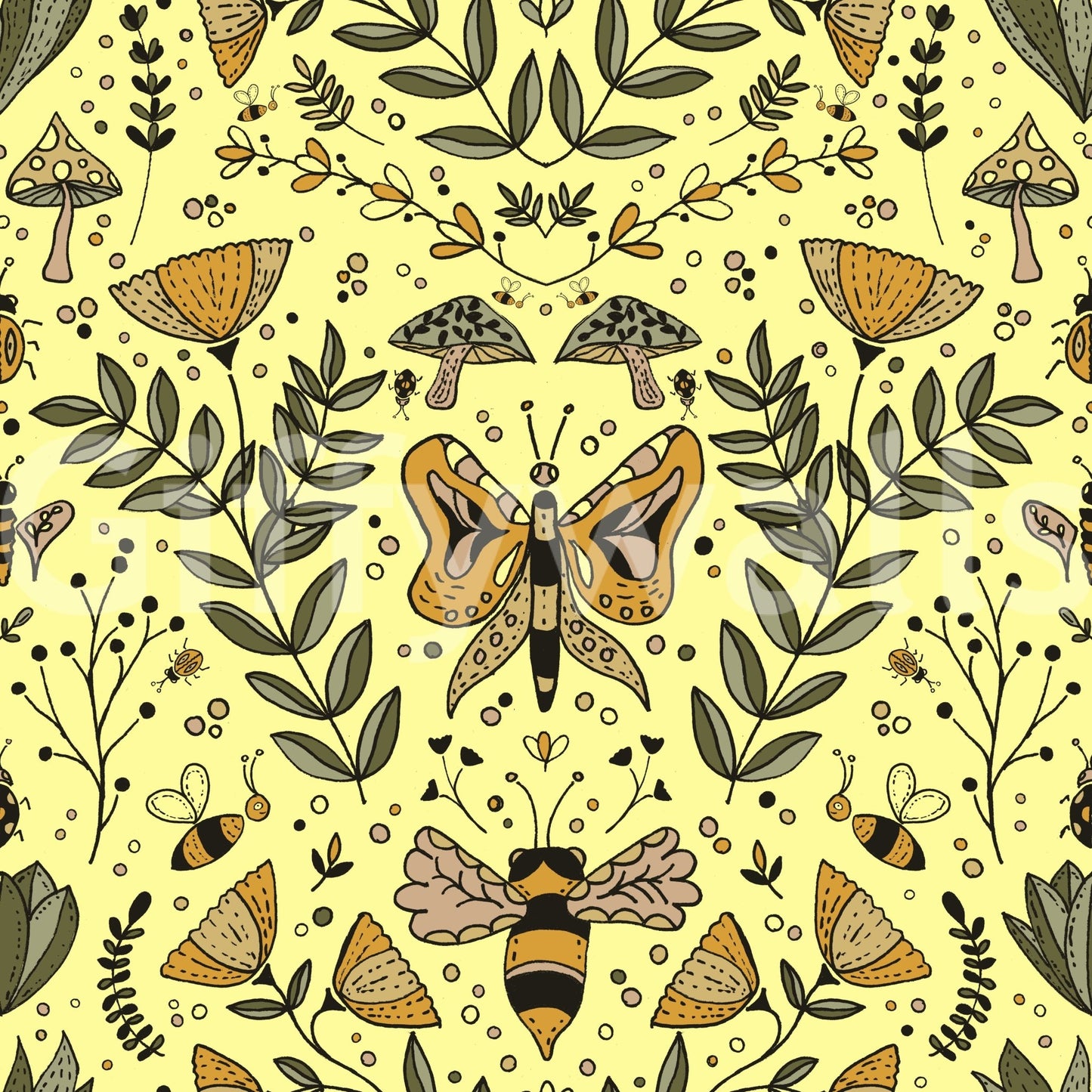 Bees Butterflies and Flowers mural for an accent wall.