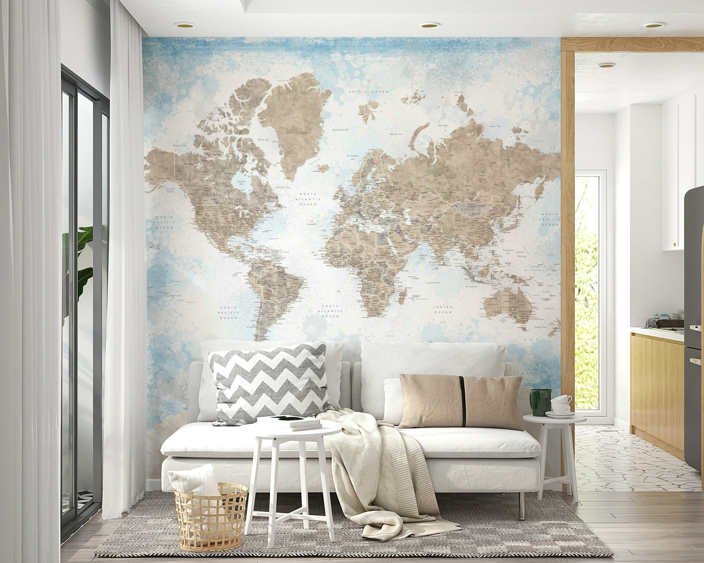 Artistic beige blue world map mural