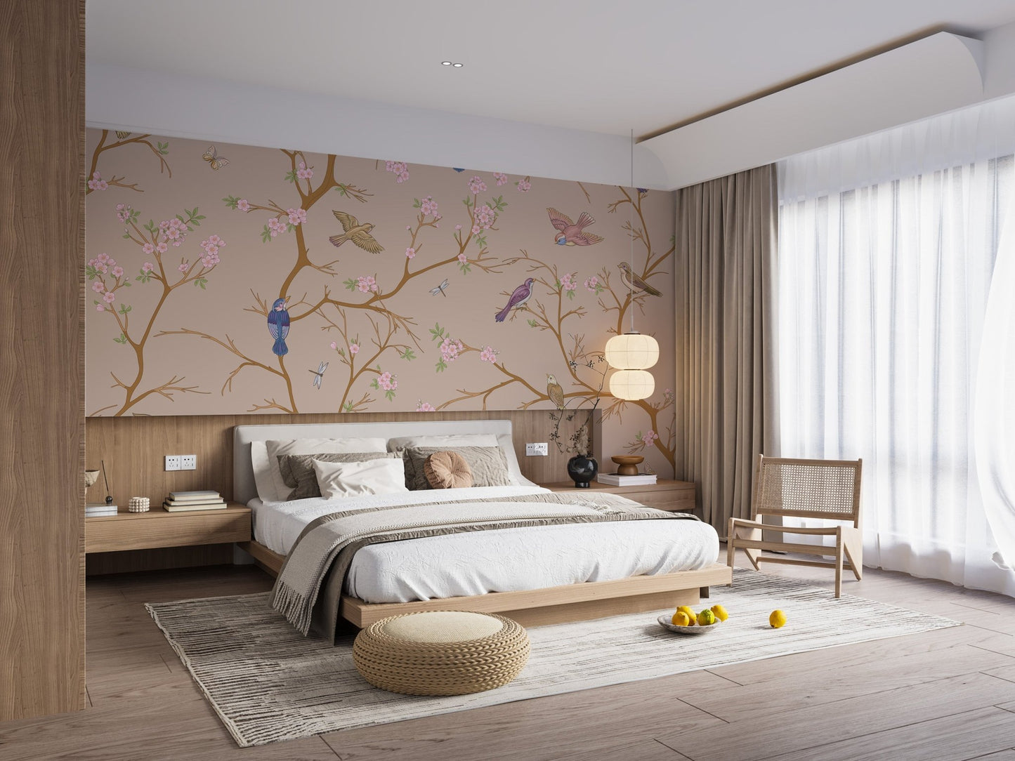 Classic beige chinoiserie design enhances bedroom walls C460