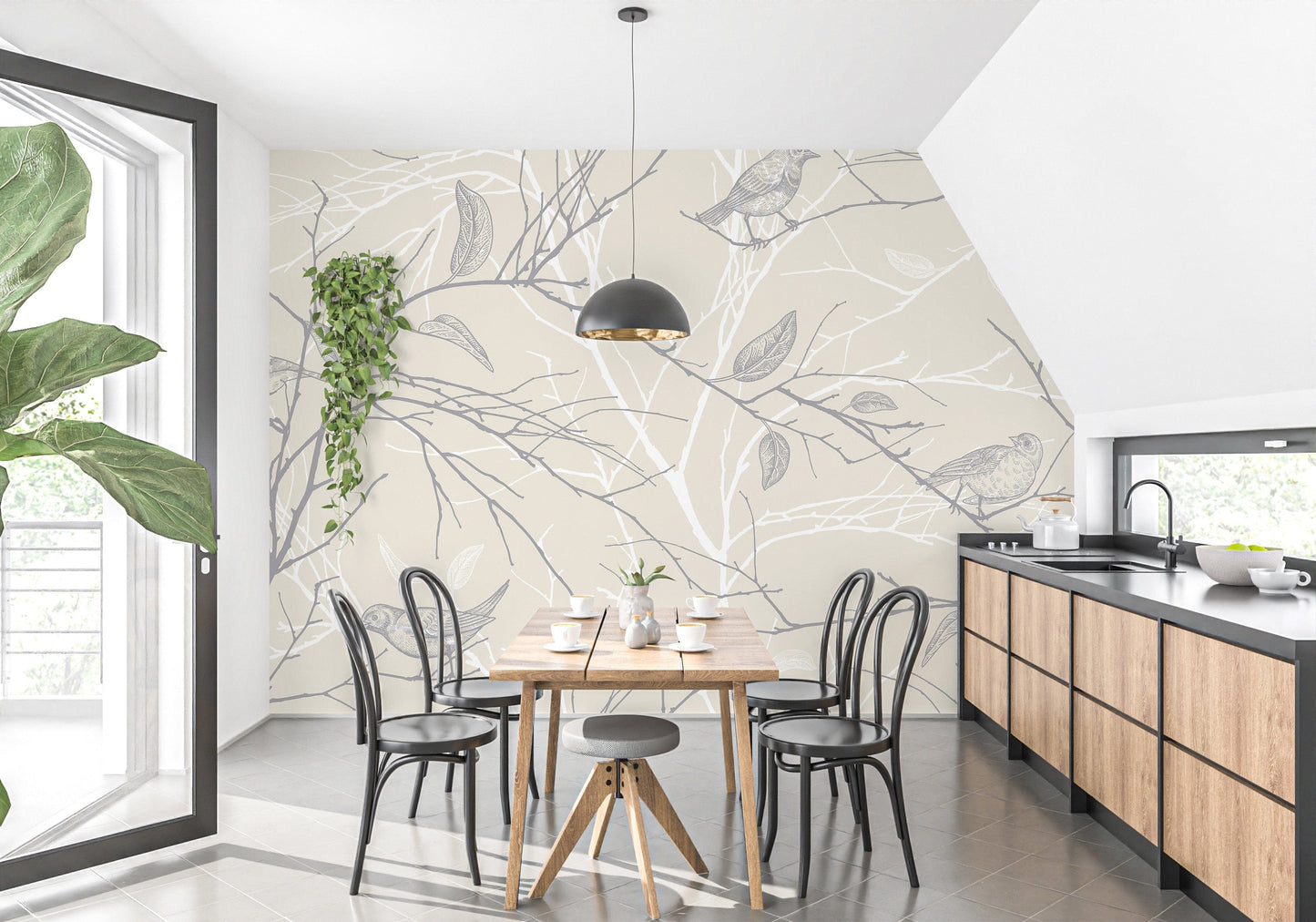 Elegant floral wallpaper featuring gray birds