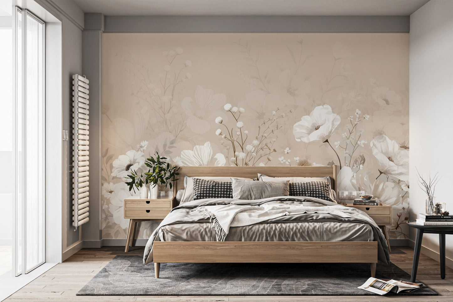 Subtle neutral floral wallpaper mural
