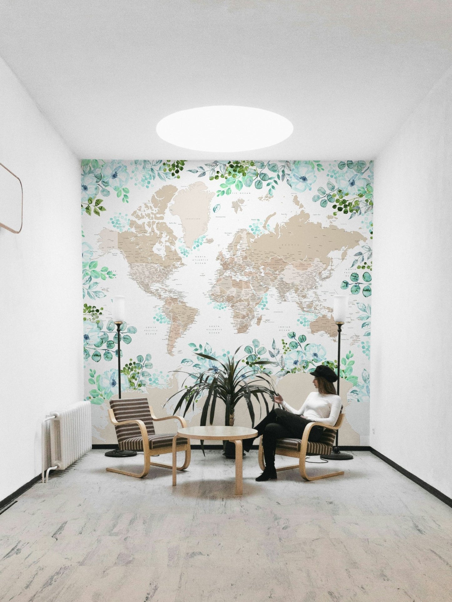 Calm beige world map mural design