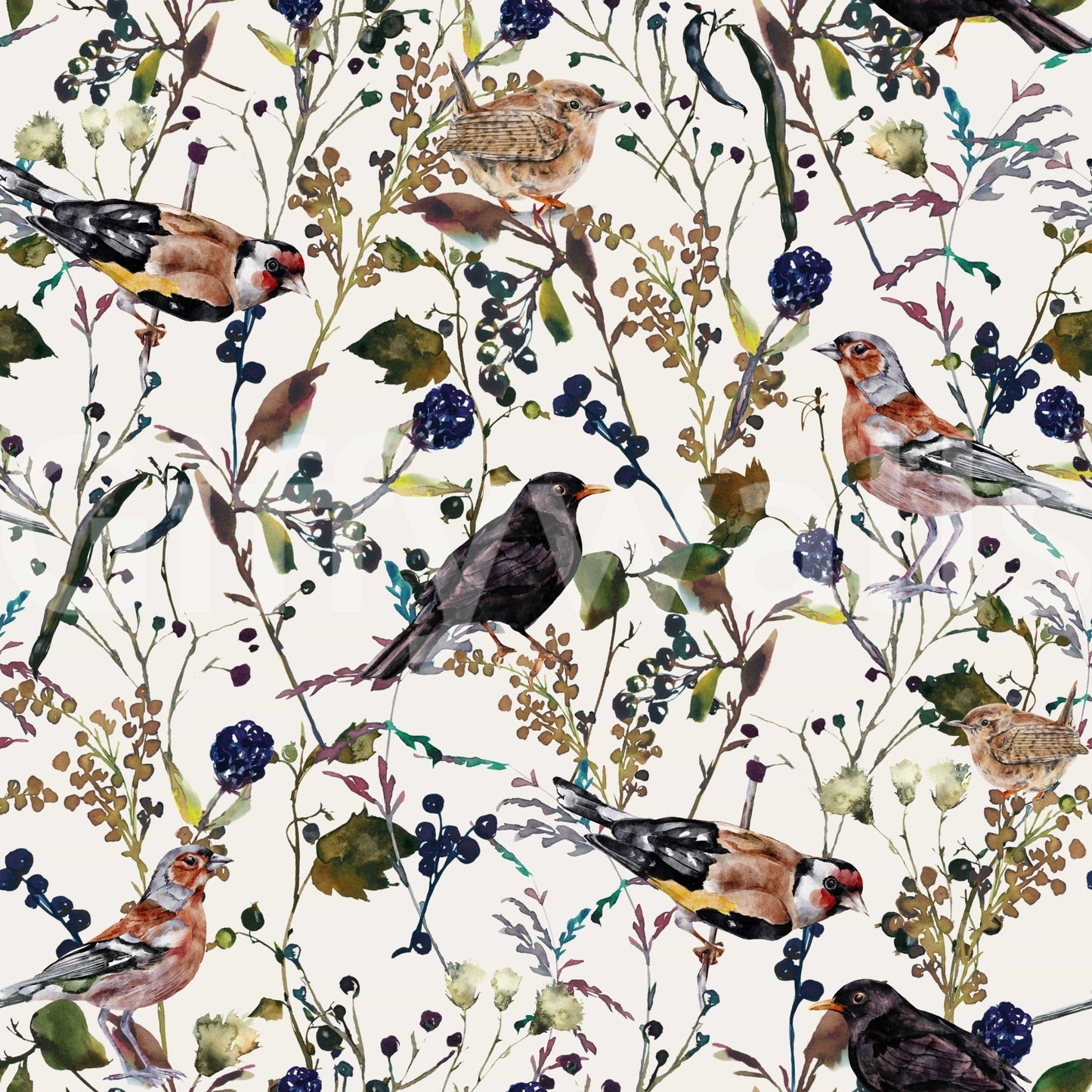 Colorful berry song birds wallpaper for a cheerful interior aesthetic.