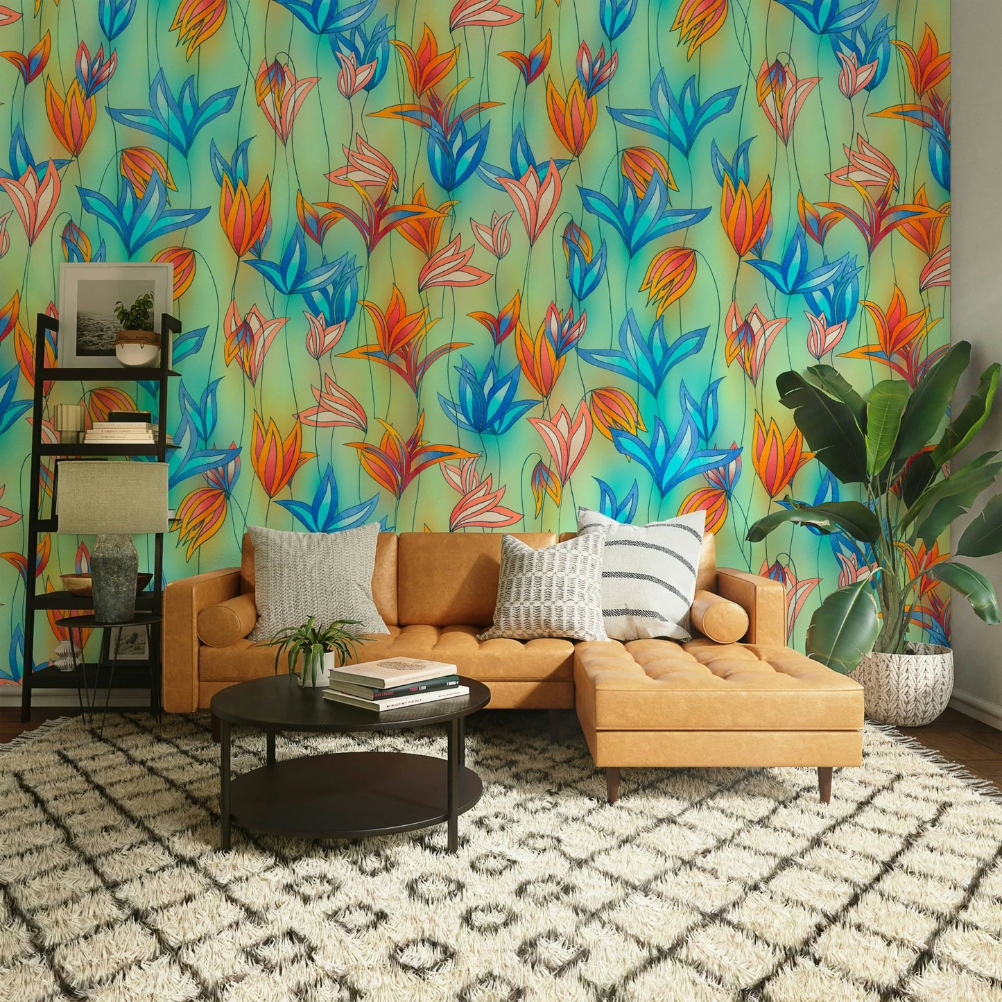 Dynamic floral wallpaper for living rooms
