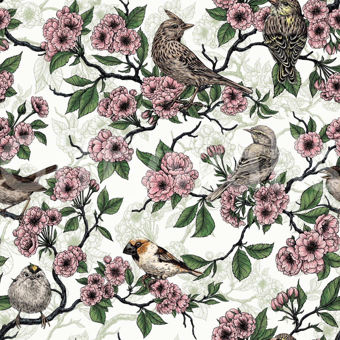 Perched birds set among soft pink blooms across the Cherry Blossom White colorway, GD9086