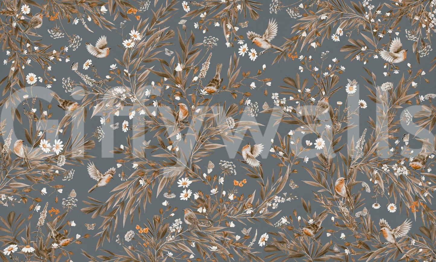 Elegant watercolor style of the Birds & Blooms Harmony Wall Mural.