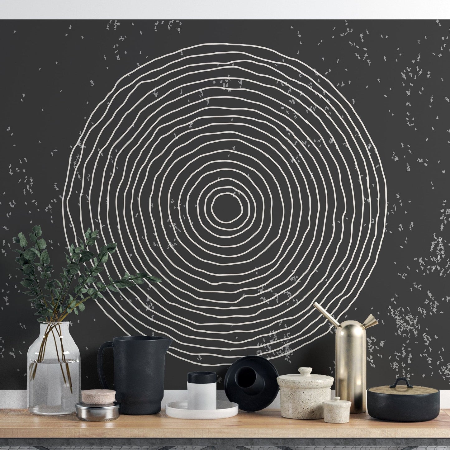 Stylish black and white concentric circles mural for spaces