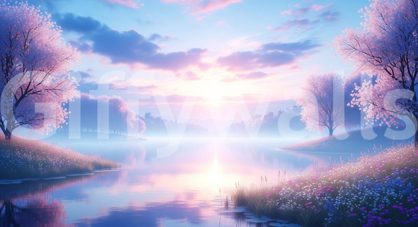 Bloom by the Lake Wall Mural in a sunlit lounge setting