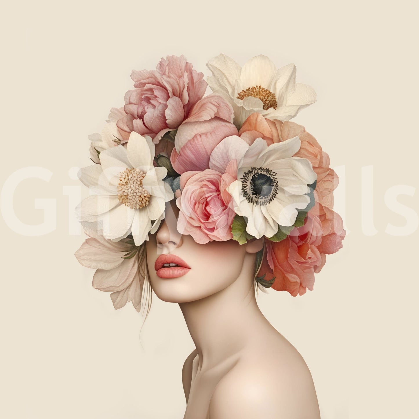 A seamless pattern of large flowers on a wall