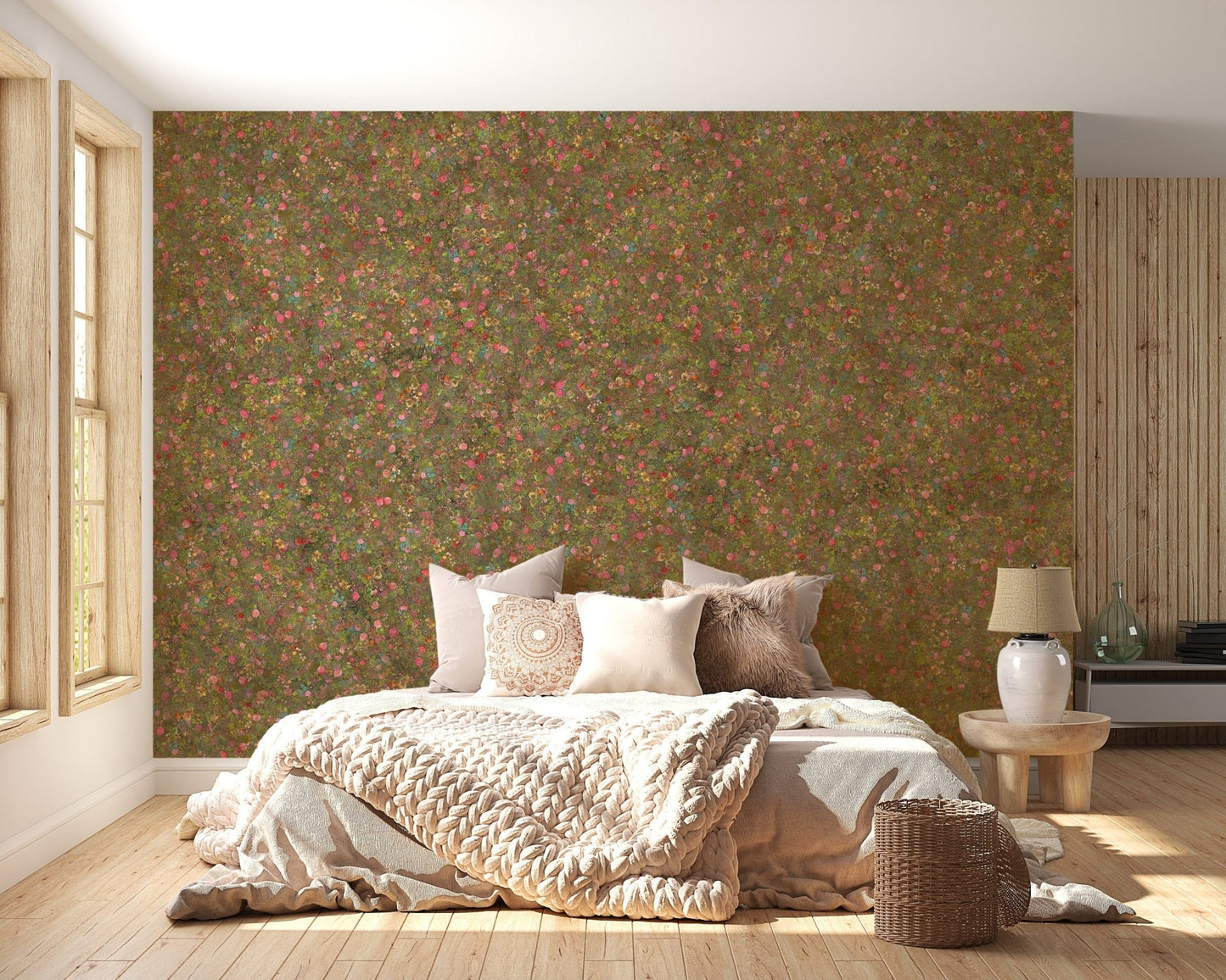 Green wallpaper mural with spring florals