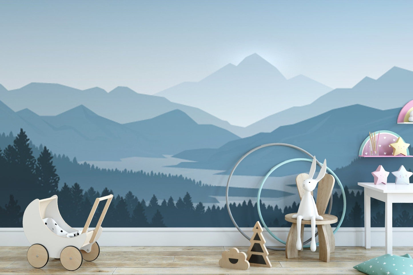 Blue fog forest mountain wallpaper mural for bedrooms