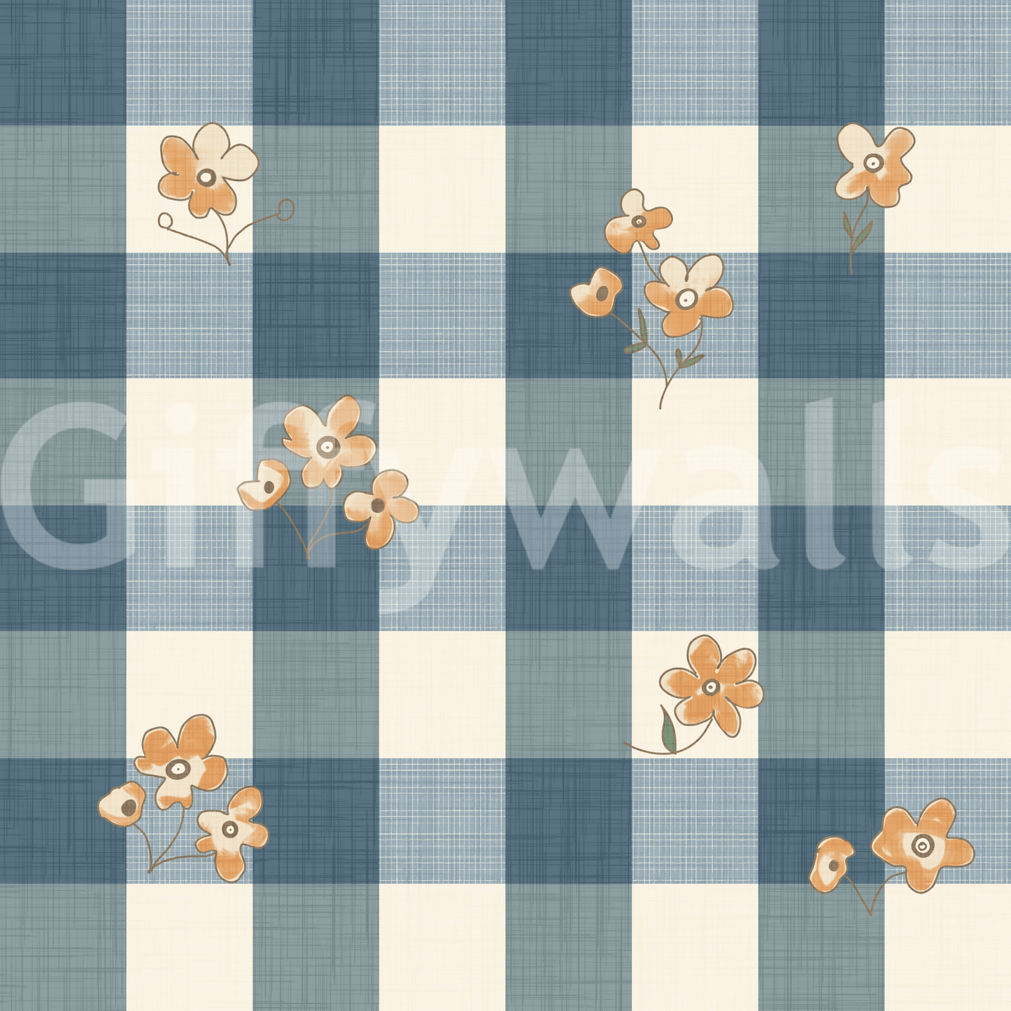 Blue Gingham Floral Country Cottage Wallpaper
