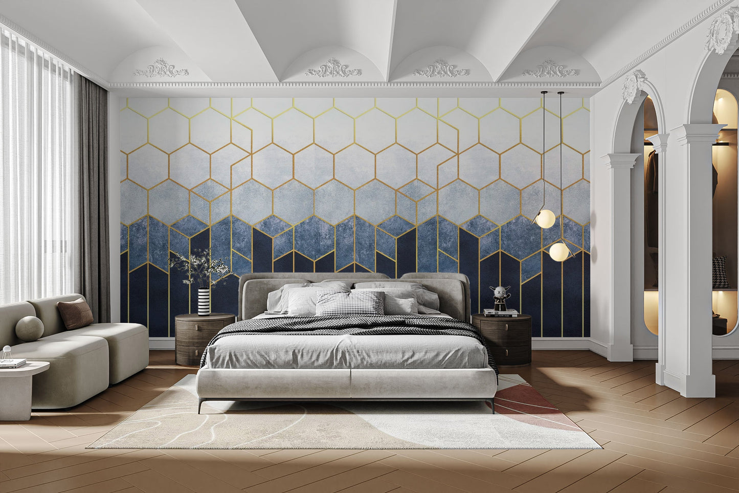 Blue & gold hexagonal pattern wallpaper for rooms