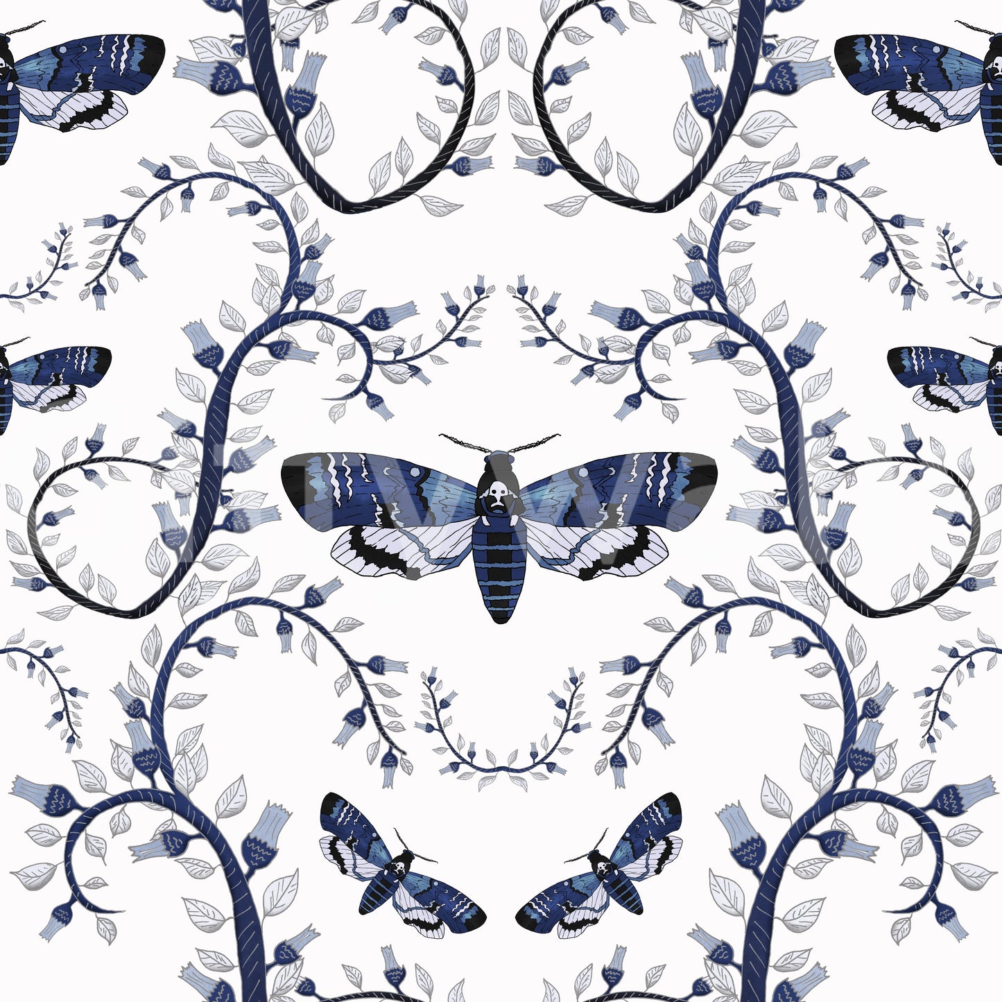Wallpaper with dark floral vines and haunting blue moths.