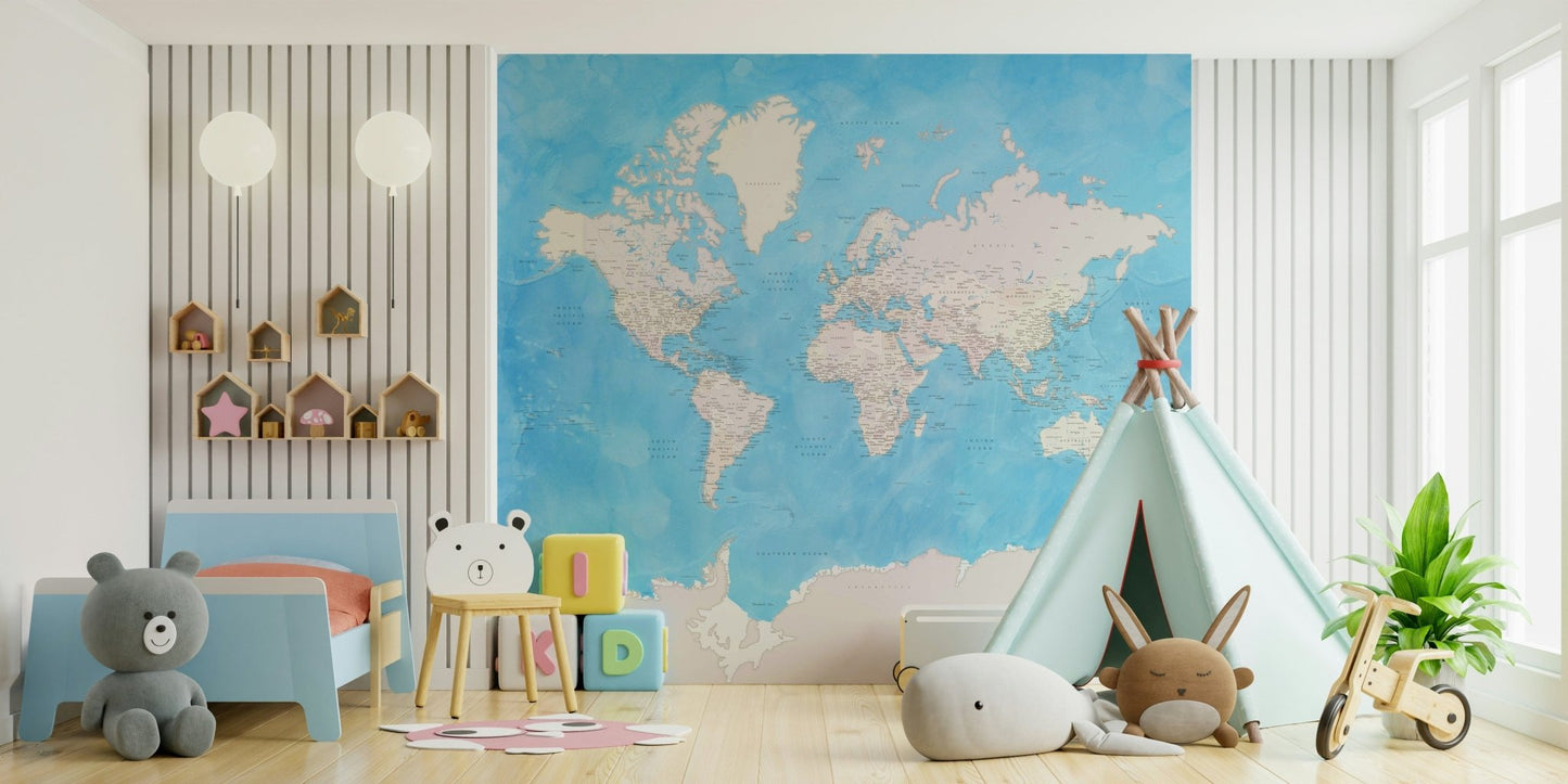 Blue world map wallpaper for walls