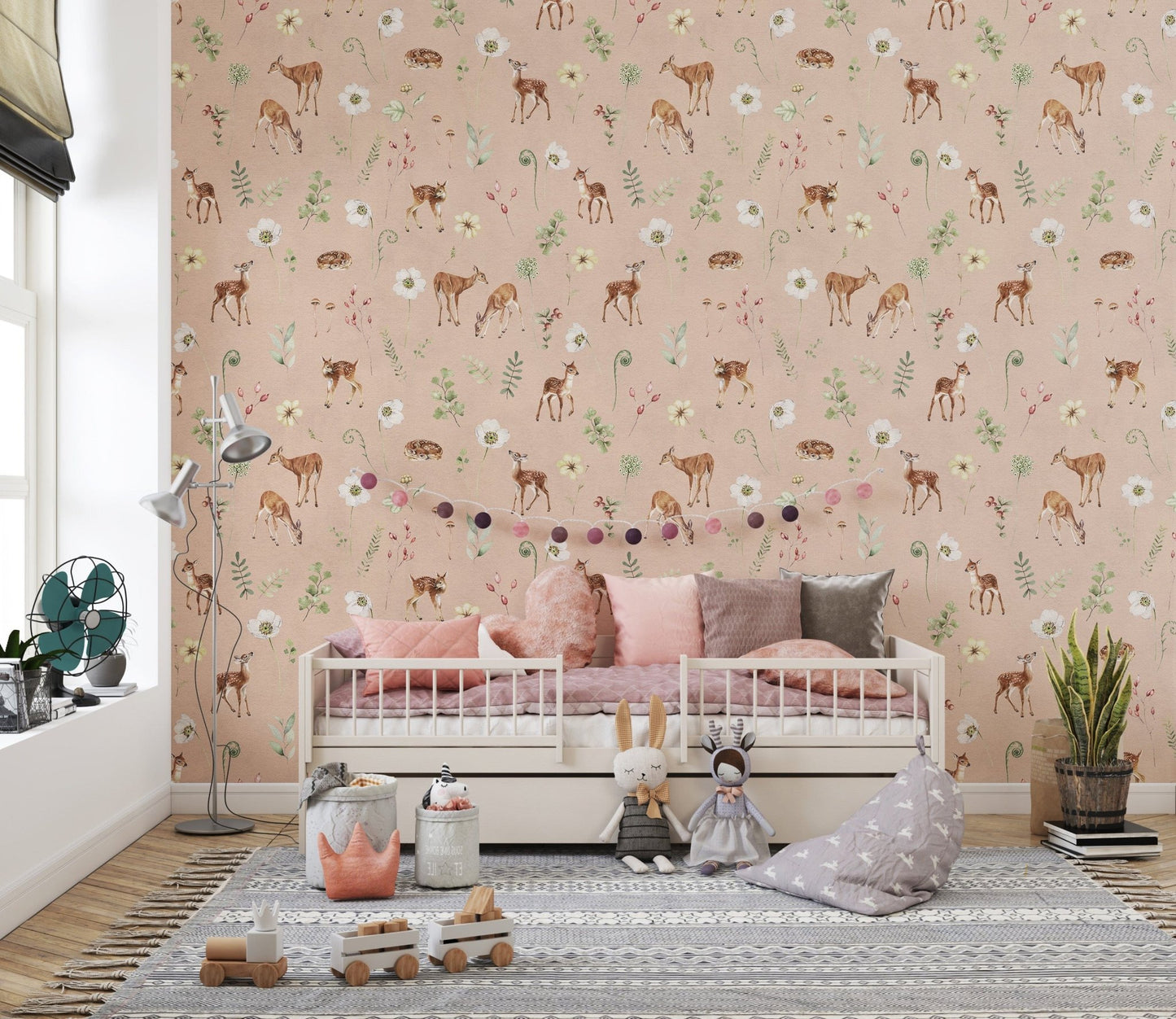 Cozy ivory forest wallpaper with deer