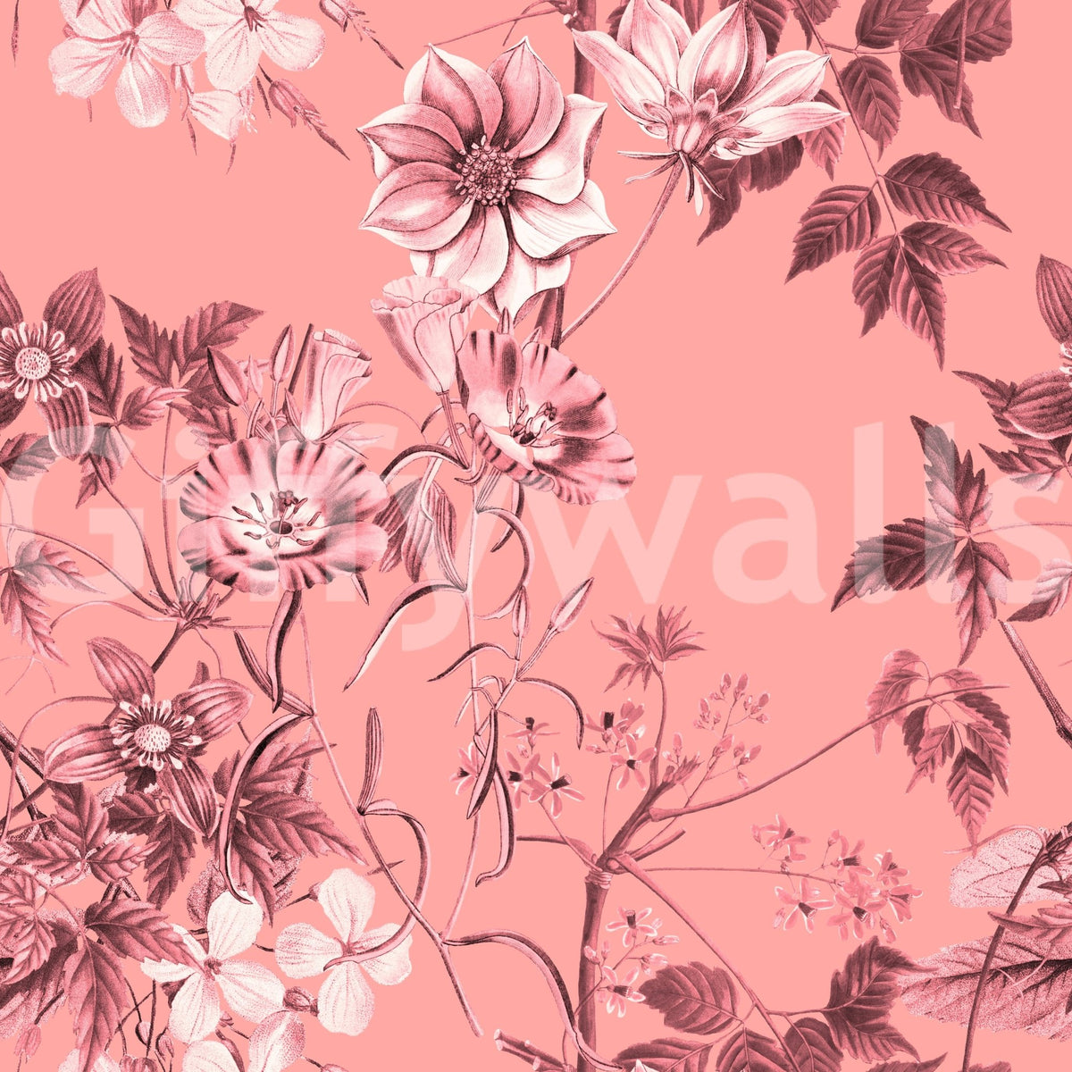 Floral sketch Blushing Flower wallpaper with soft petals and leafy accents, GD9368