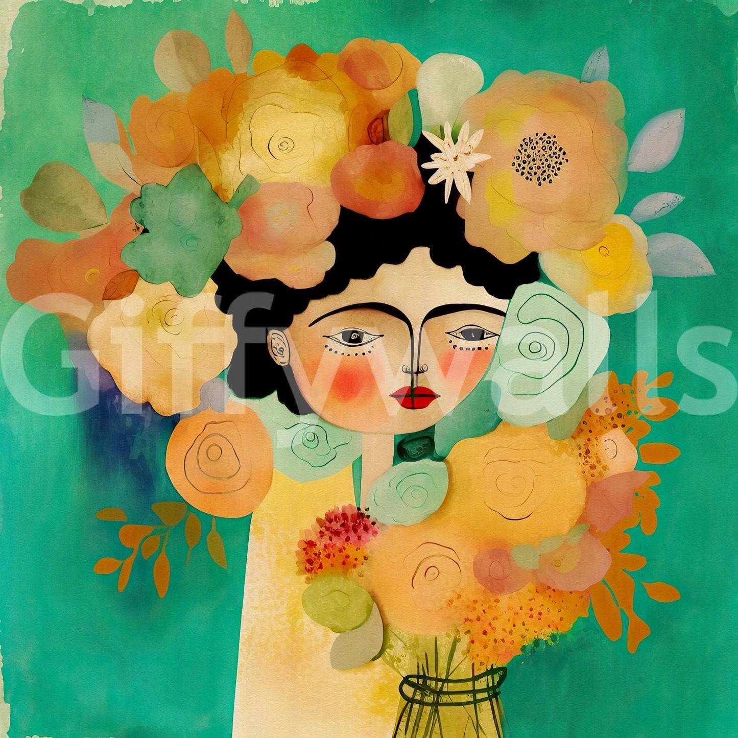 a mural of a woman with a floral crown