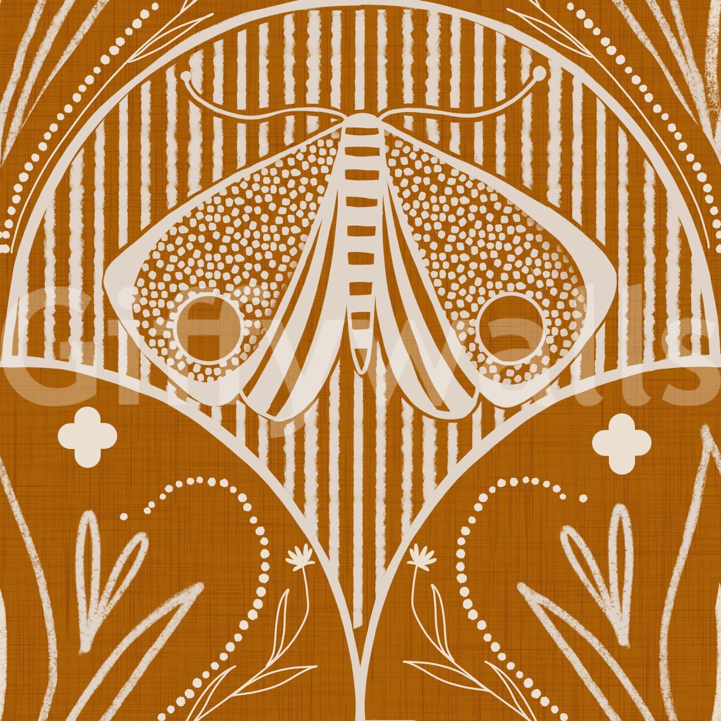 Vintage inspired insect motif Boho Art Nouveau Scallop Butterfly Floral in Burnt Orange.