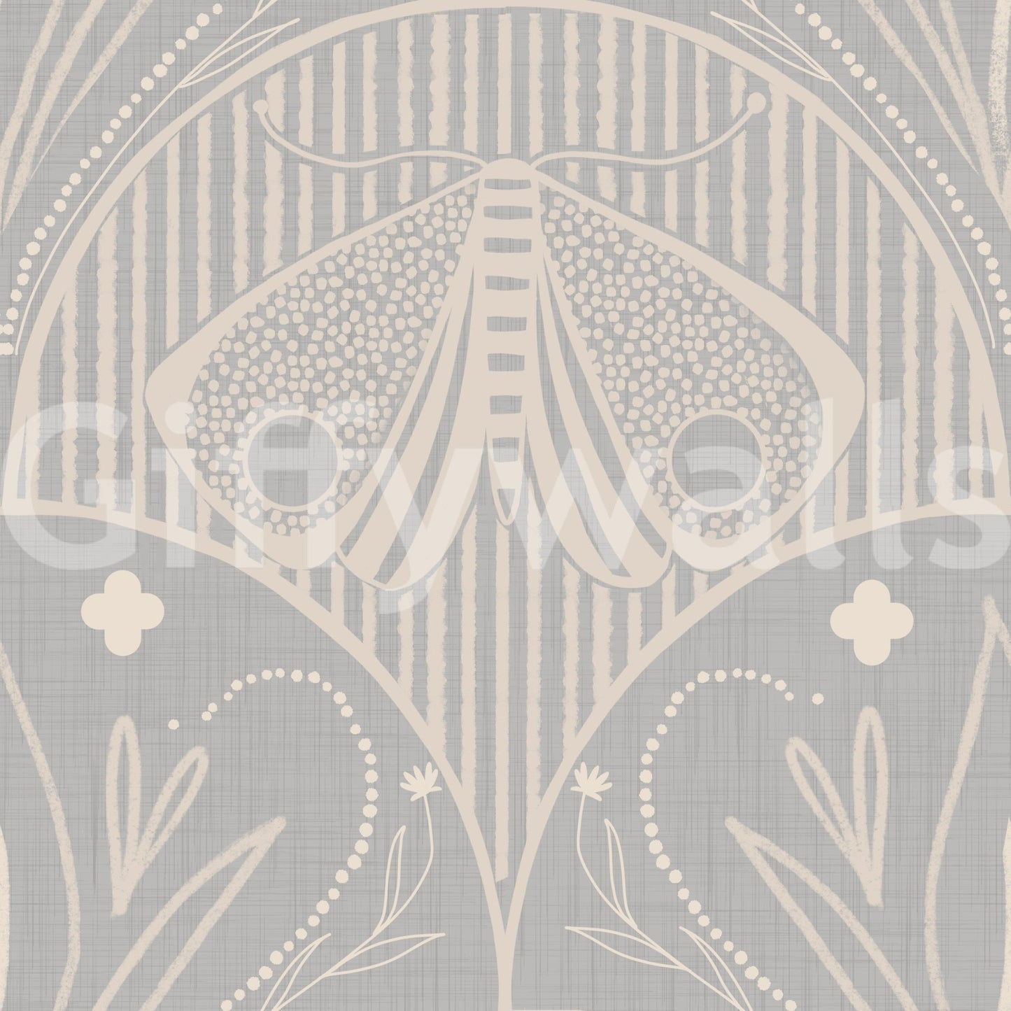 Boho Art Nouveau Scallop Butterfly Floral inor Light Grey neutral tone graphic moth paper.