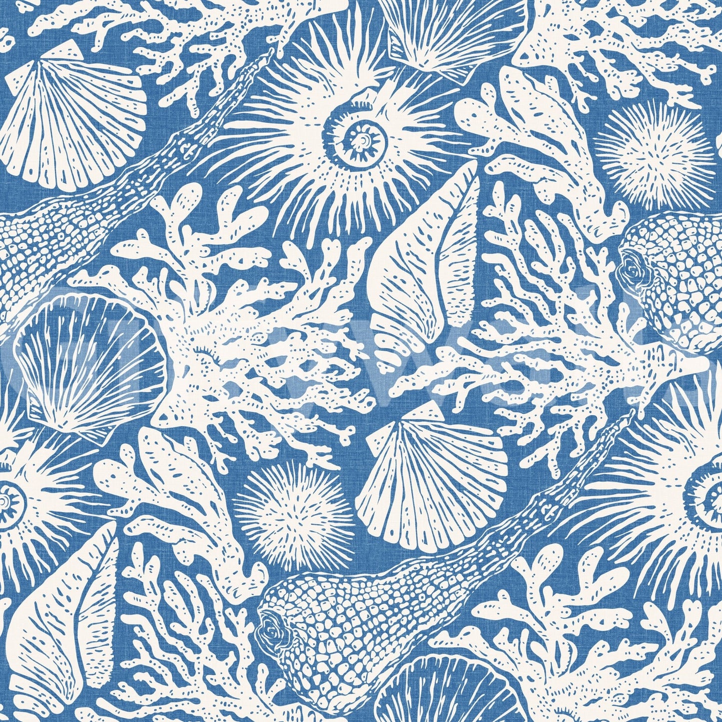 Reef branches, sponges, and ammonites balance across Seashell Coral Denim wallpaper.GD9548