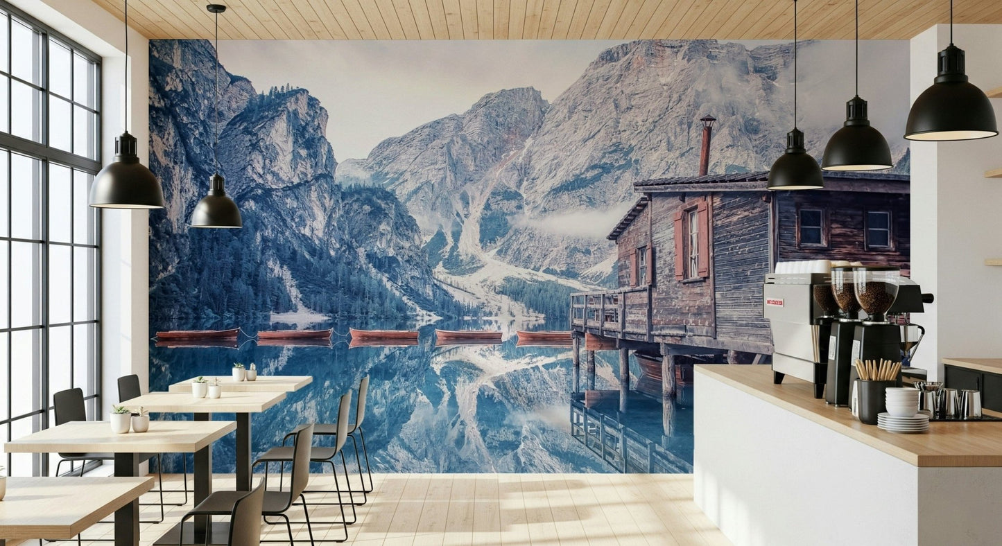 Braies Lake Serenity rustic cabin wallpaper for walls.