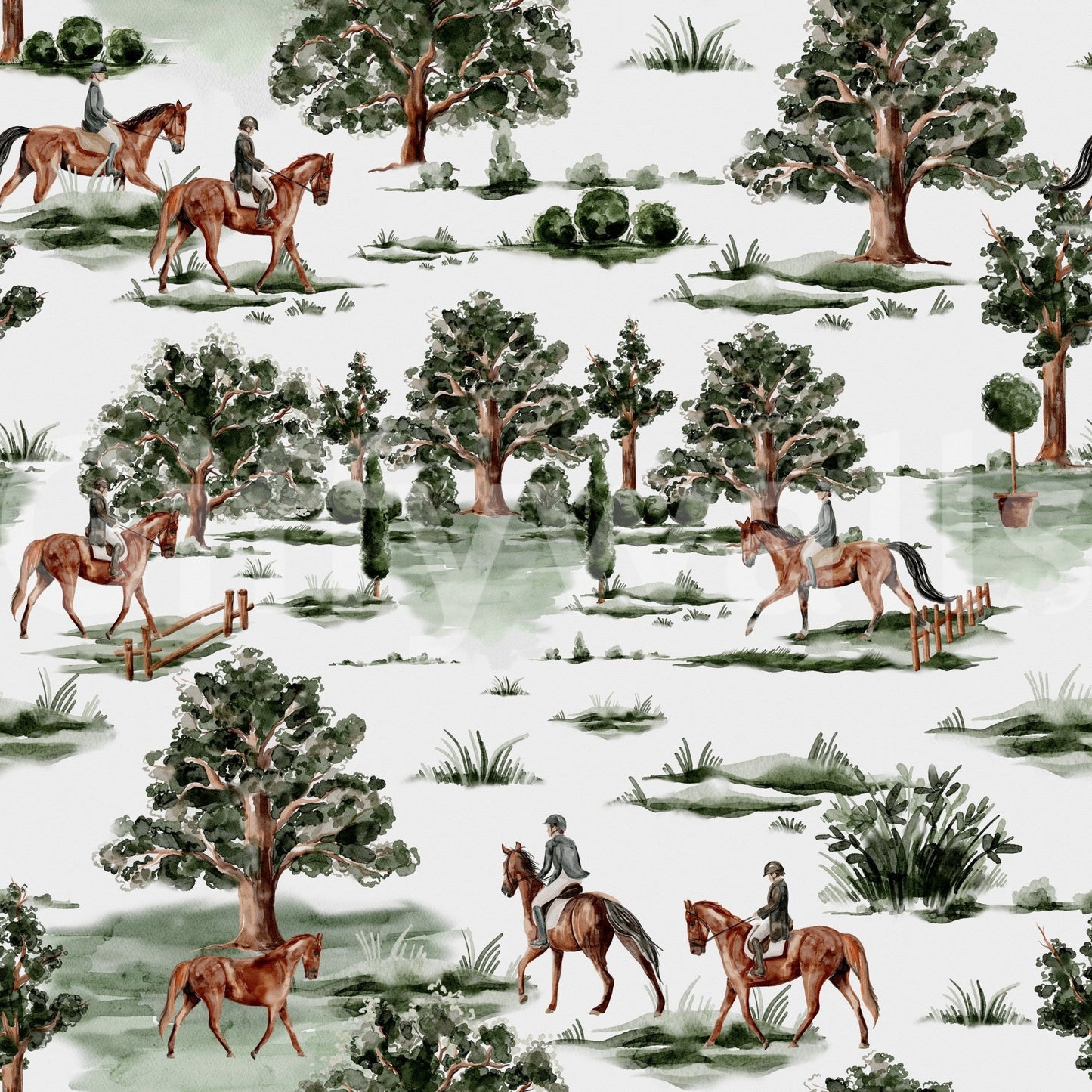 British countryside horses and riders in green landscape Wallpaper