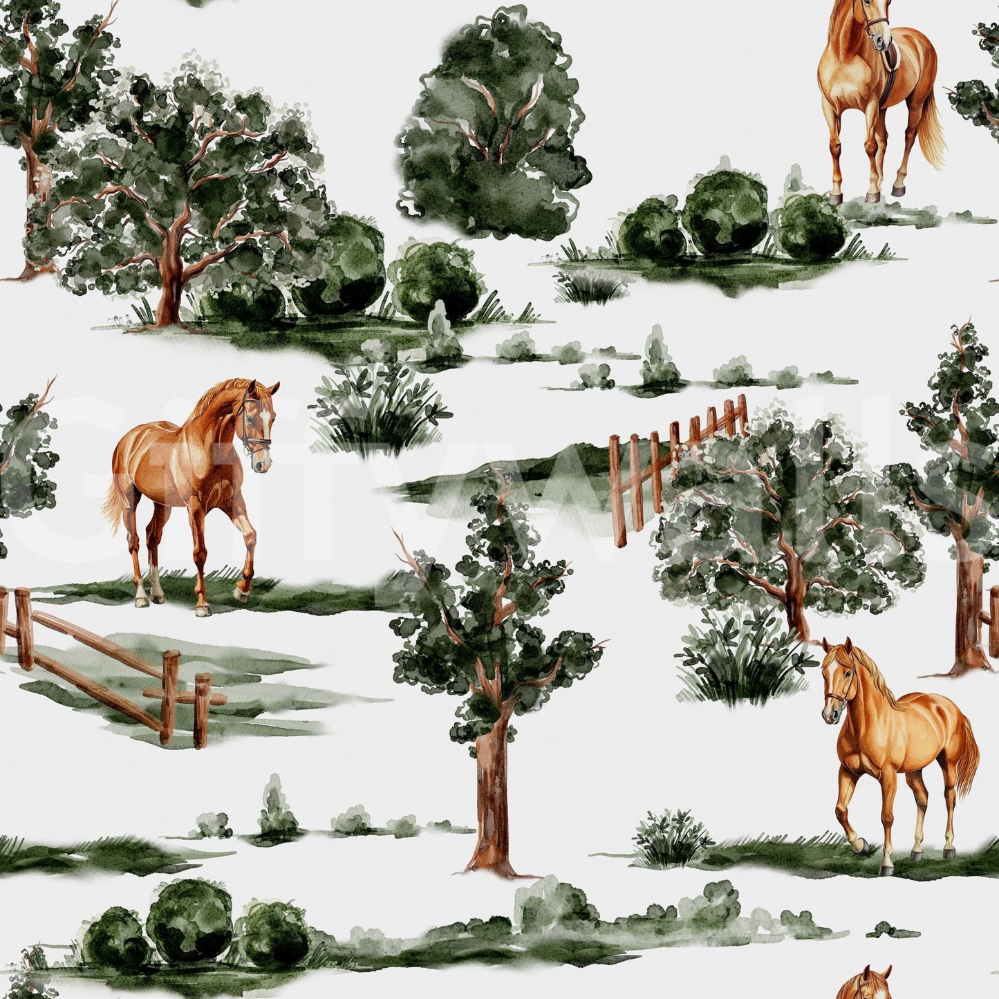 British countryside horses grazing among trees and fences Wallpaper