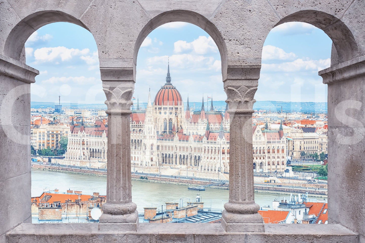 Historic riverside view in Budapest Vista Arches Wall Mural with framed arch opening