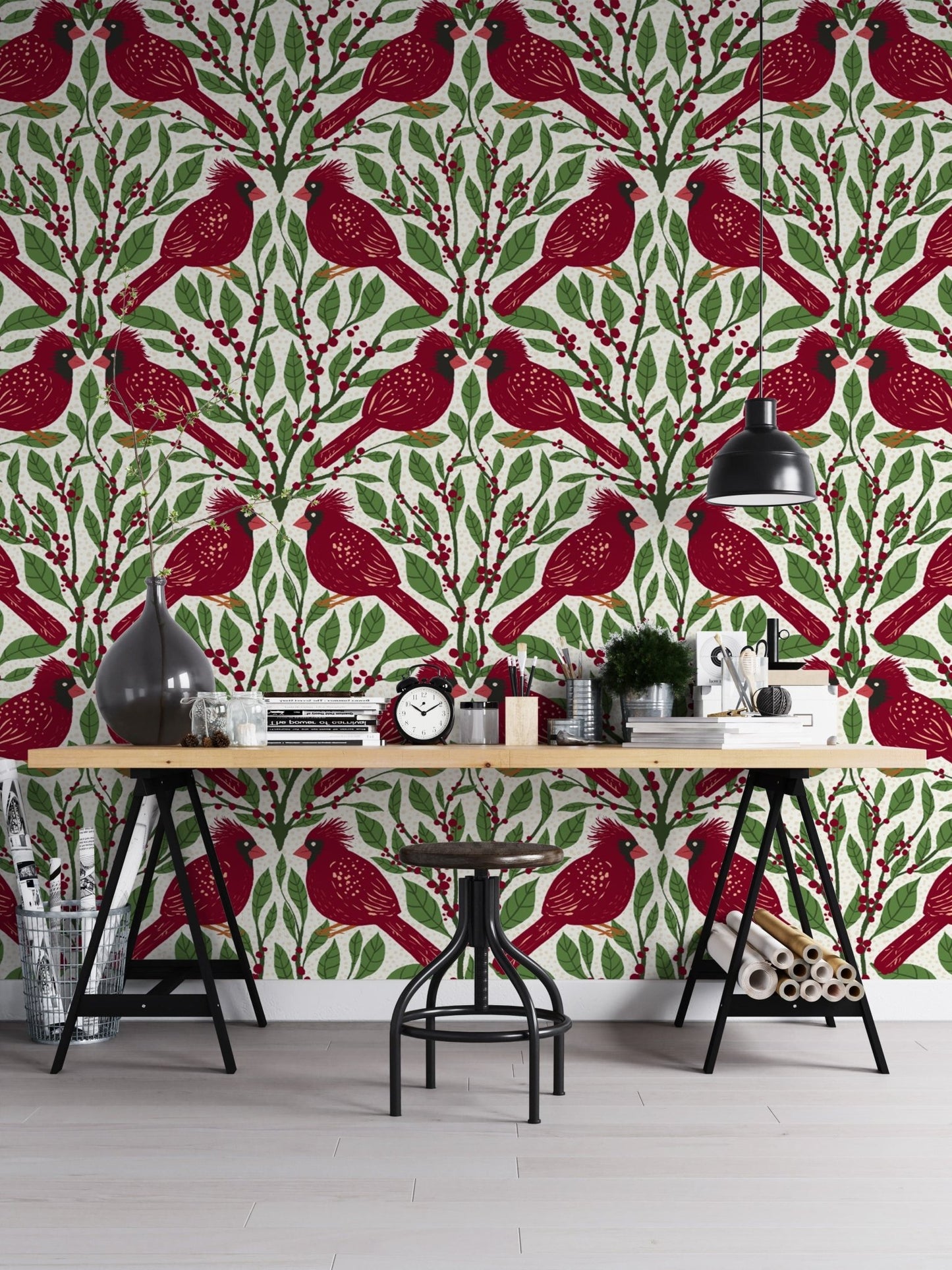 Elegant burgundy red cardinals wallpaper mural for cozy walls.