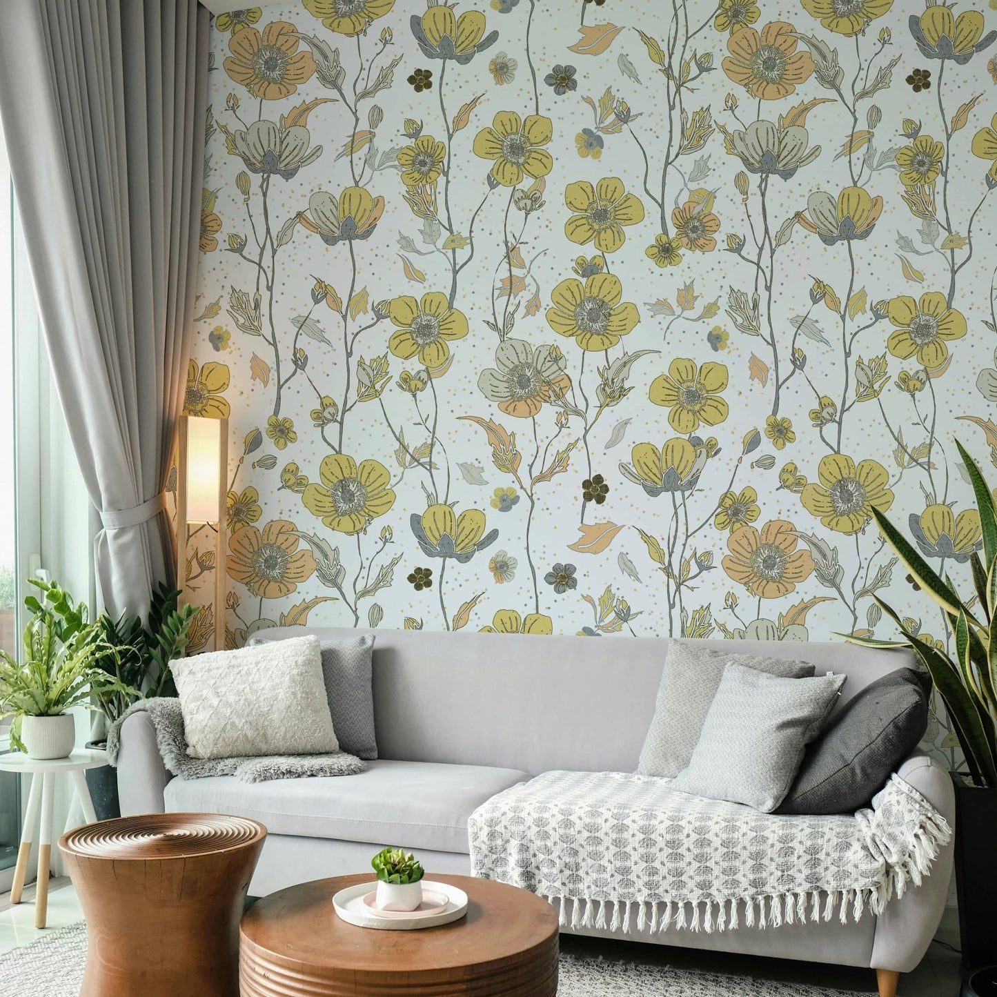 Wallpaper mural with golden and gray buttercups