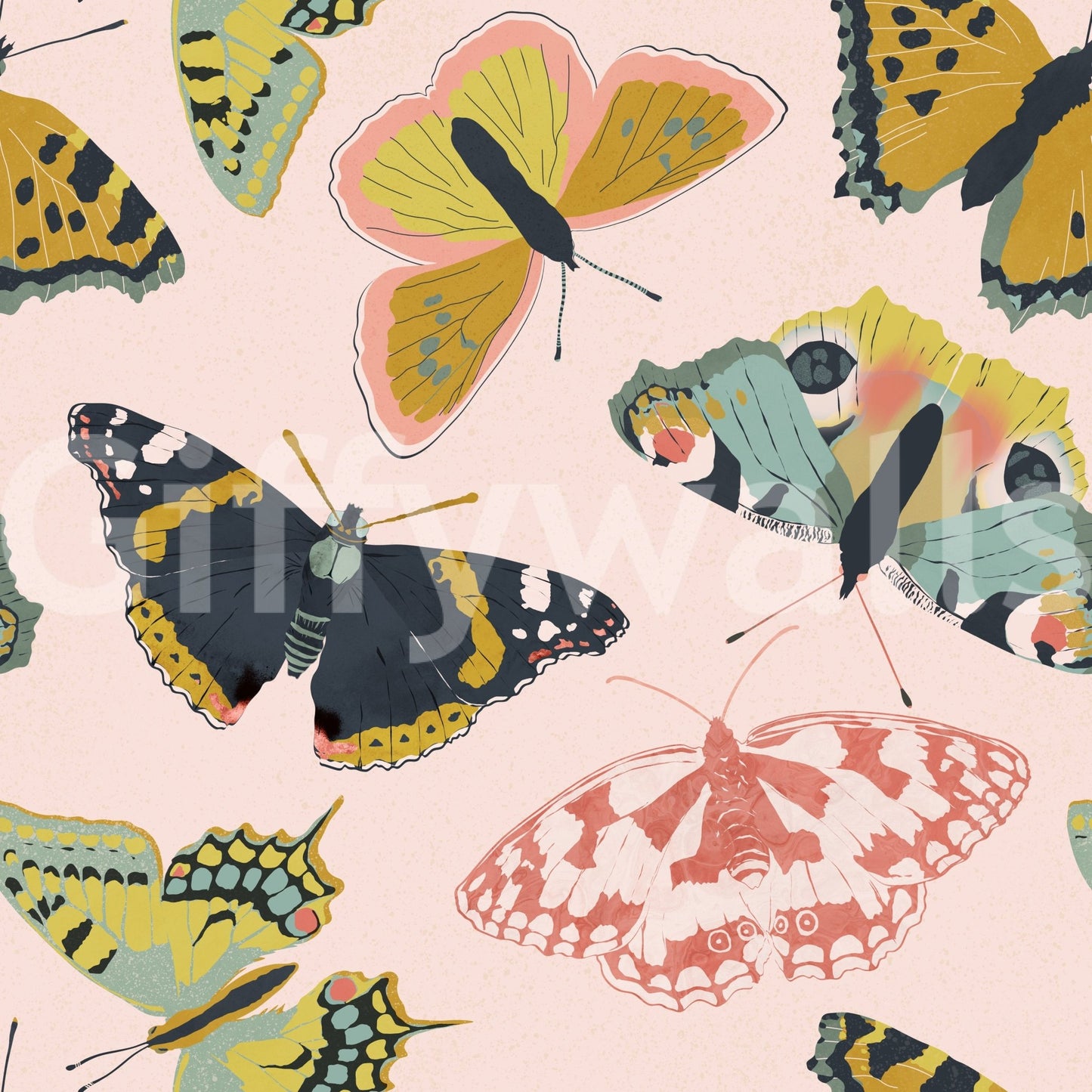 Garden-style wallpaper with blooming florals and butterflies, GD1707