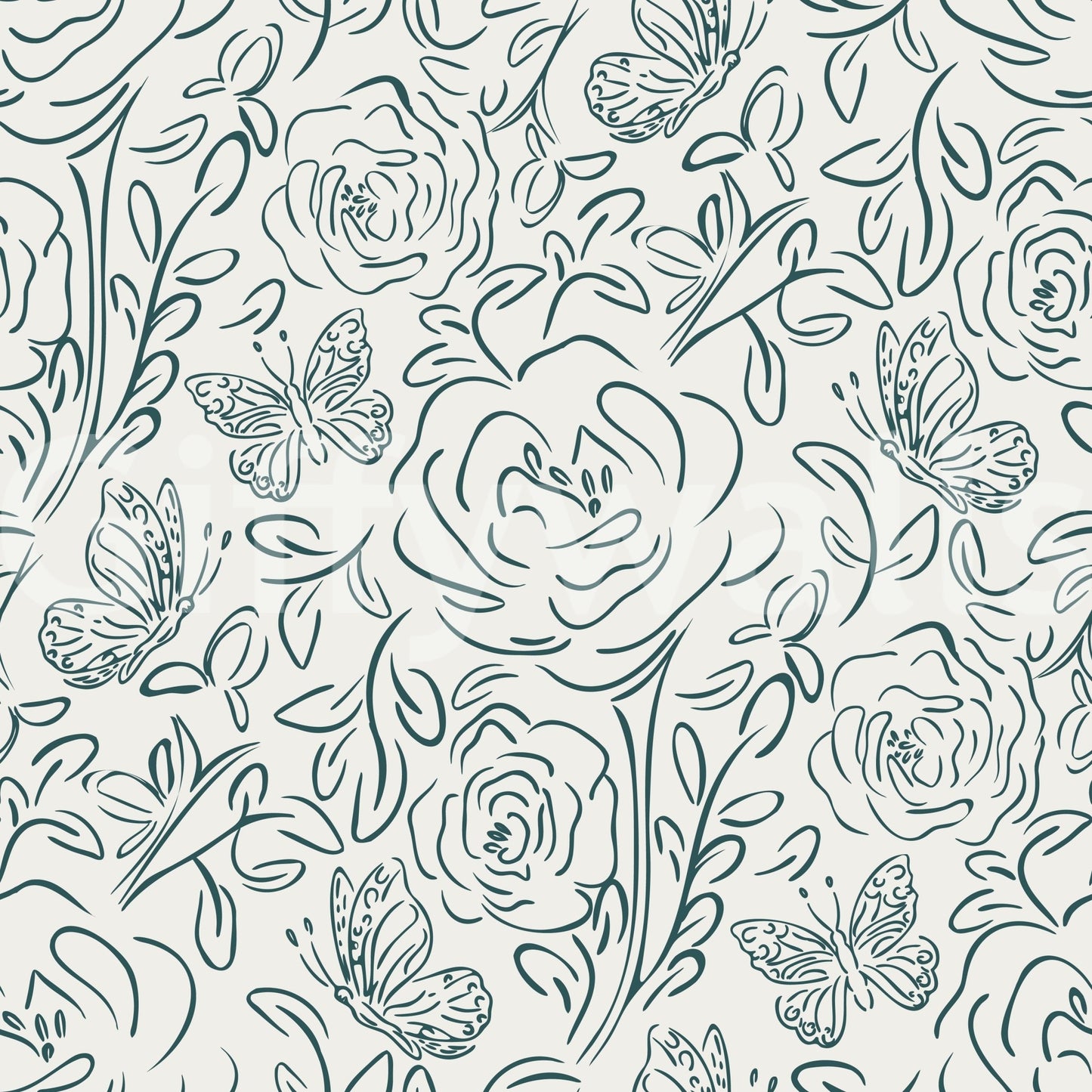 Line art wallpaper featuring flowers and butterflies in delicate outline pattern
